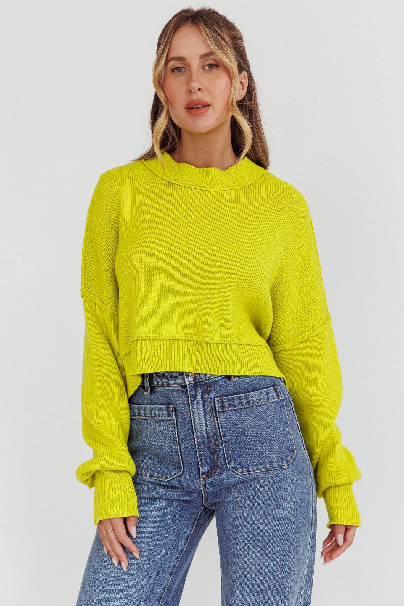 Morning Frost Crop Ribbed Knit Sweater Green by Selfie Leslie