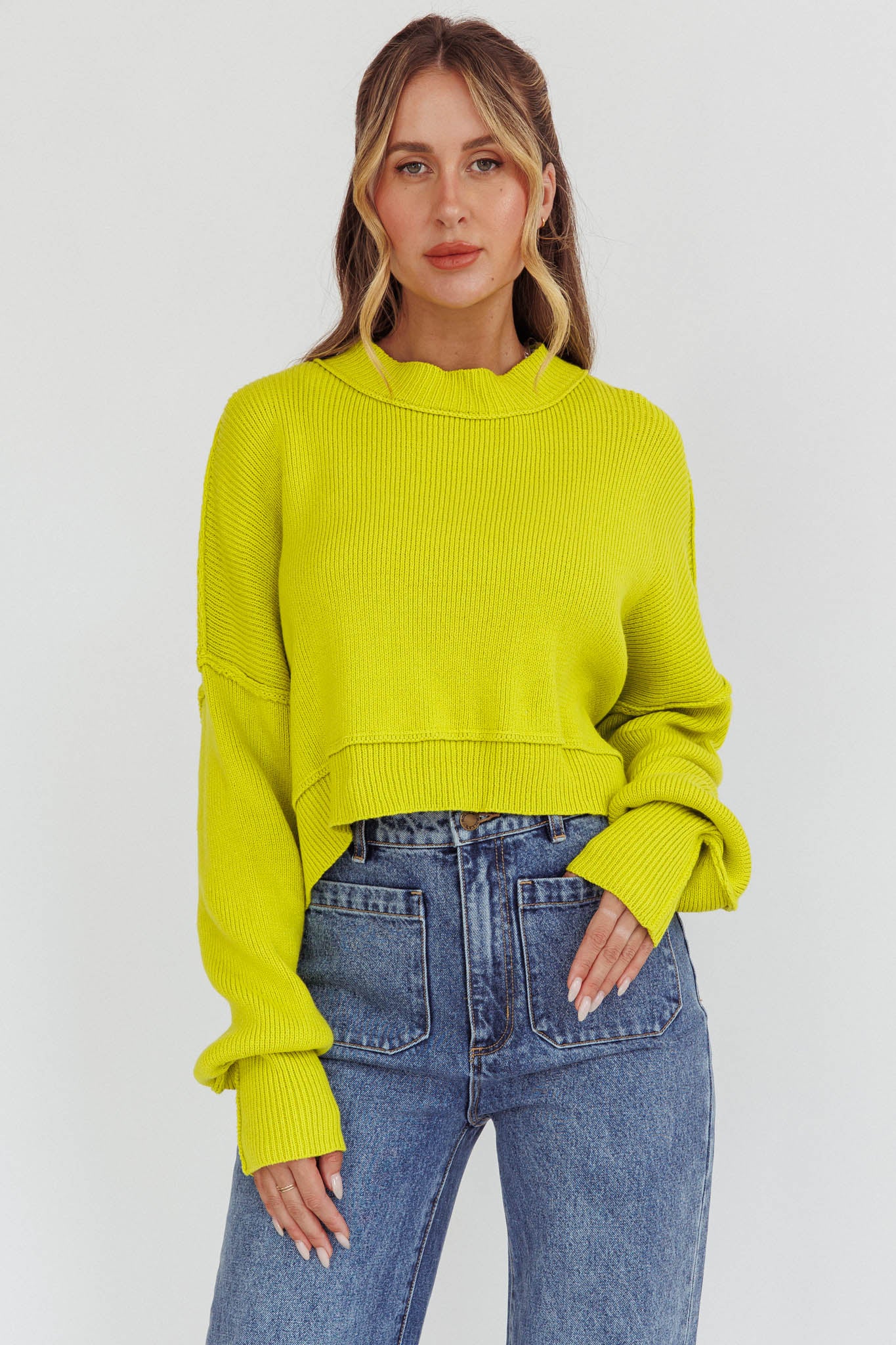 Morning Frost Crop Ribbed Knit Sweater Green by Selfie Leslie