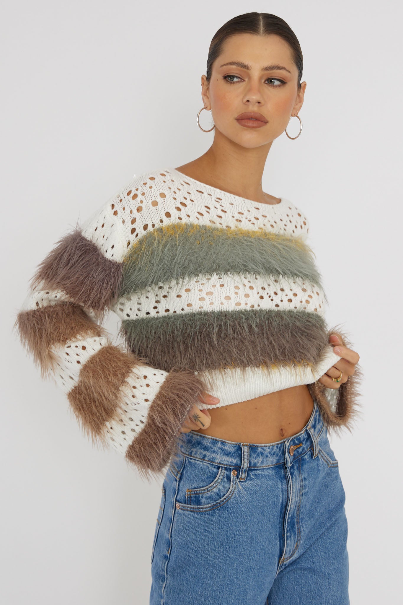 Borealis Fur Trim Knit Sweater Brown by Selfie Leslie