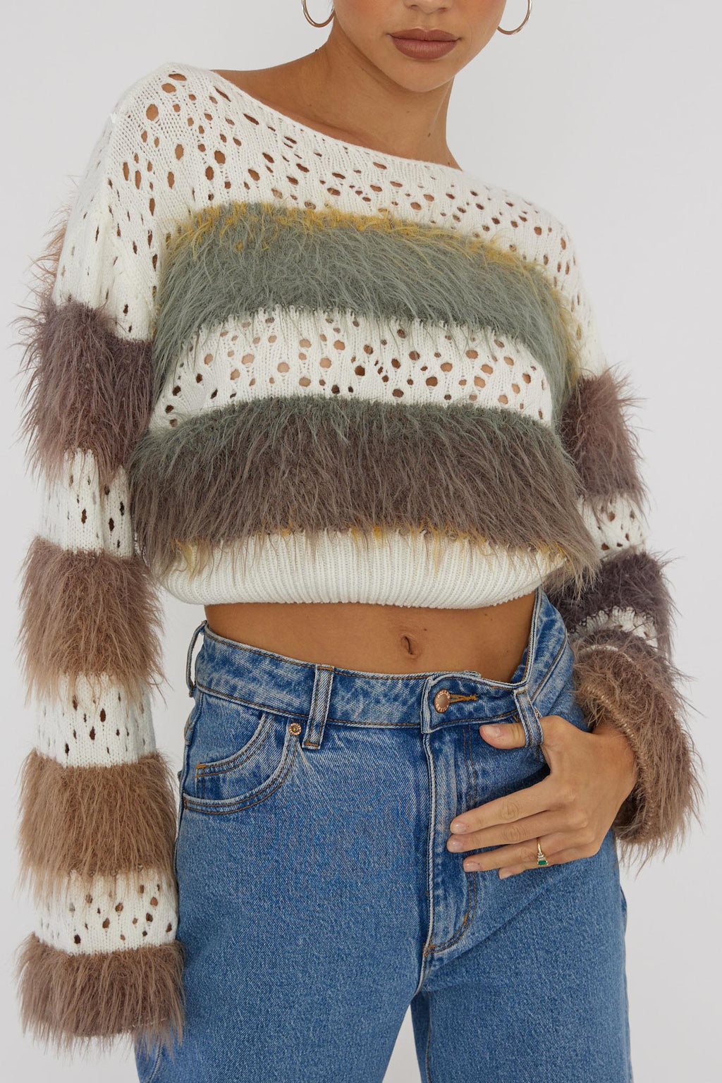 Borealis Fur Trim Knit Sweater Brown by Selfie Leslie