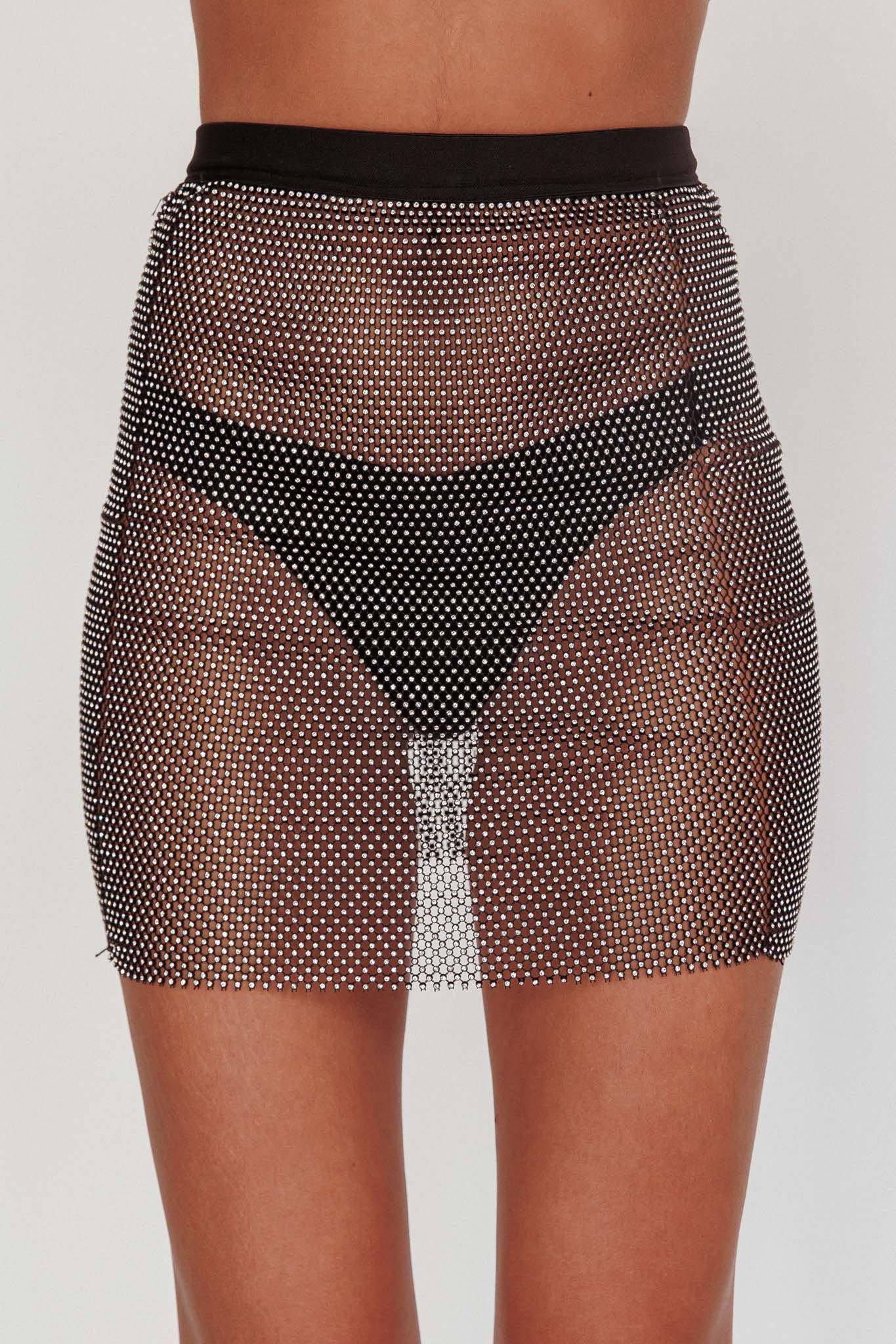 Glamazon Rhinestone Mesh Mini Skirt Black by Selfie Leslie