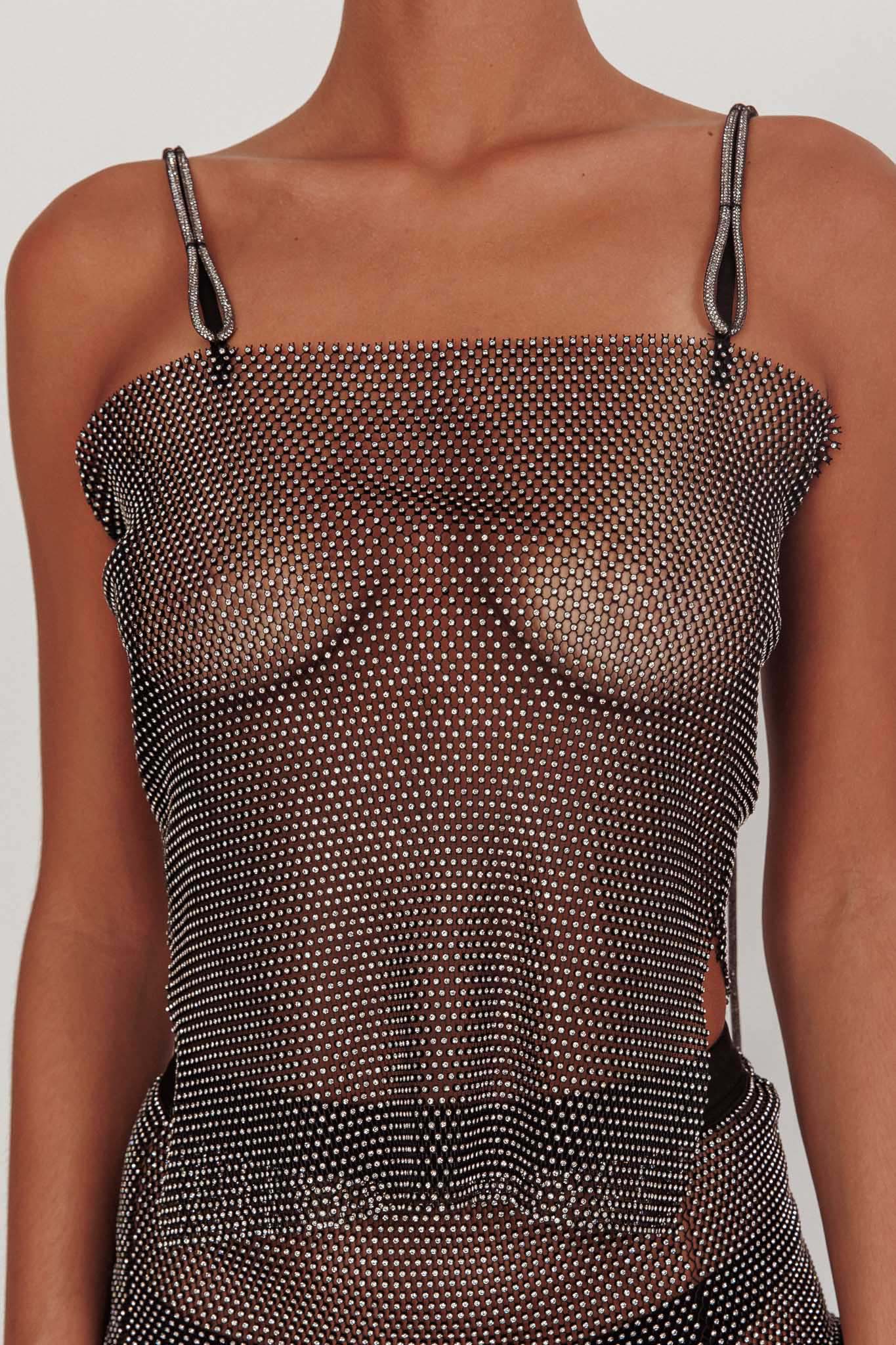 Glamazon Rhinestone Mesh Cami Top Black by Selfie Leslie
