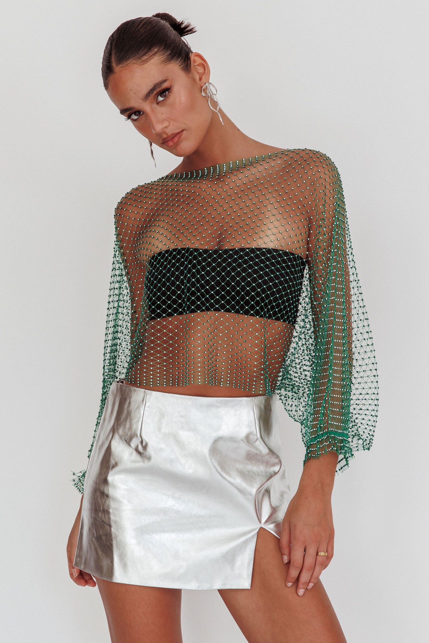 Drama, Drama Long Sleeve Fishnet Top Green by Selfie Leslie