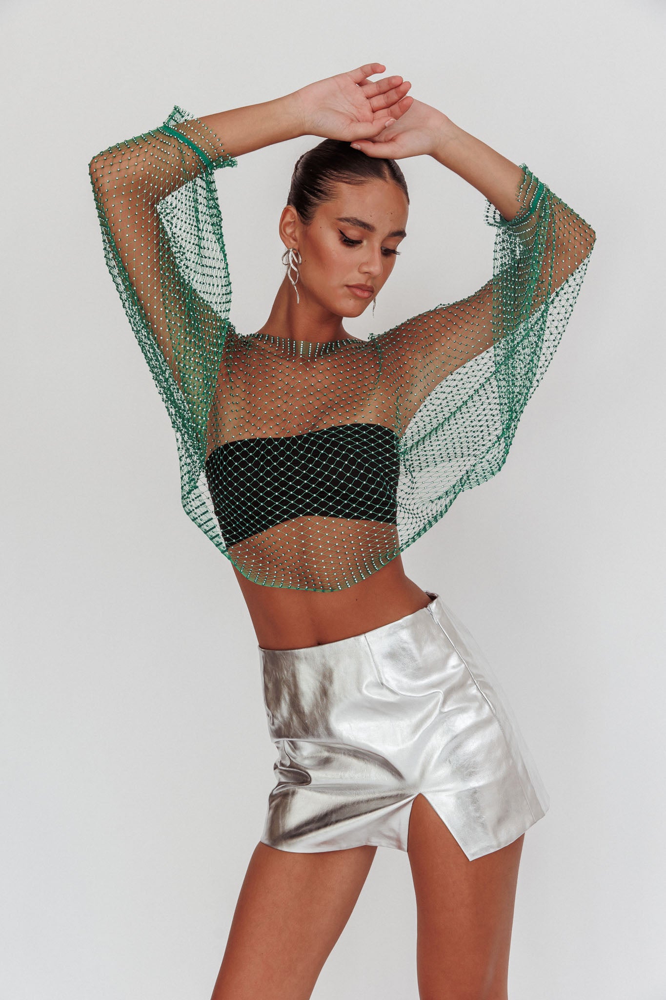Drama, Drama Long Sleeve Fishnet Top Green by Selfie Leslie