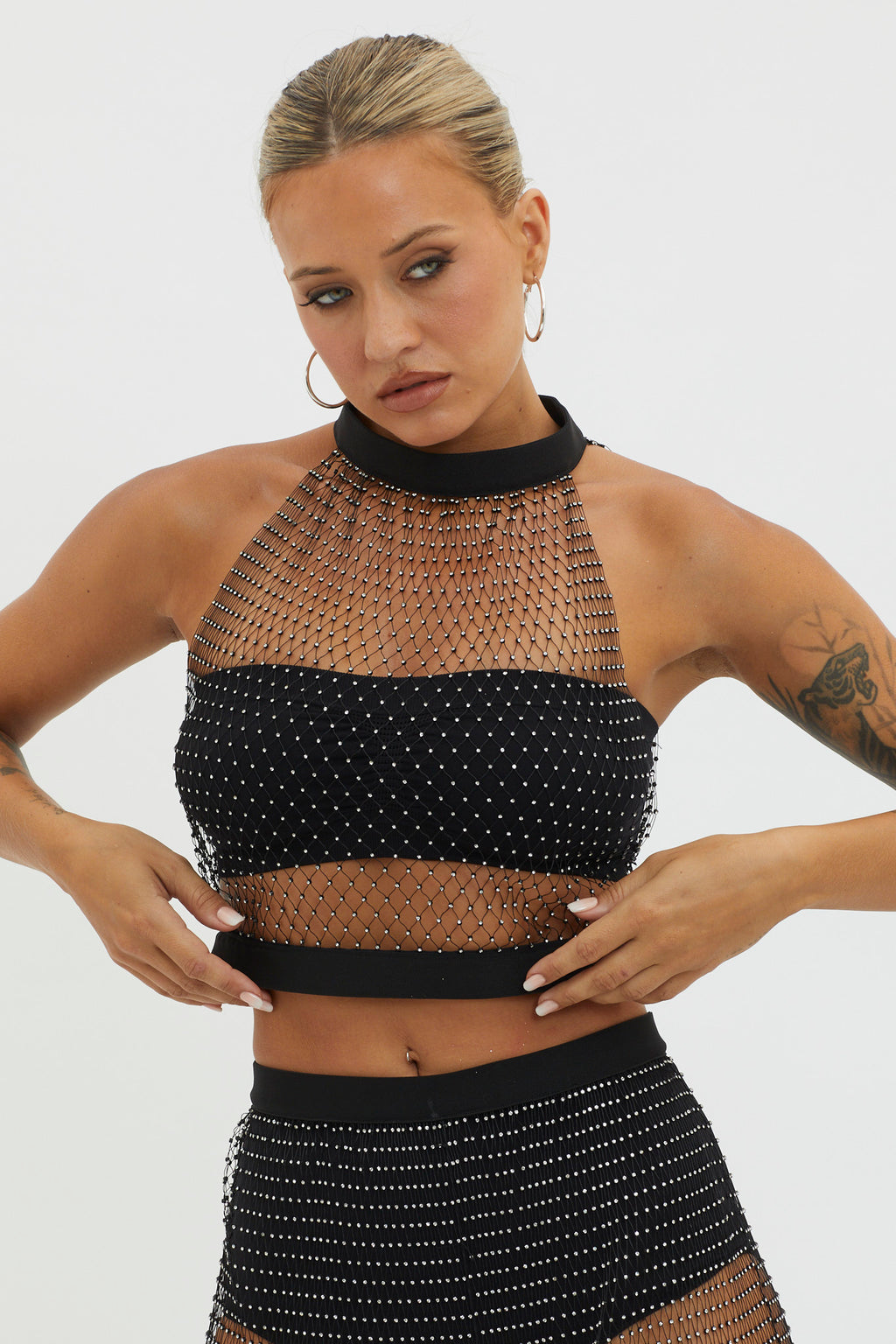 Moon Rock Diamante Mesh Top Black by Selfie Leslie