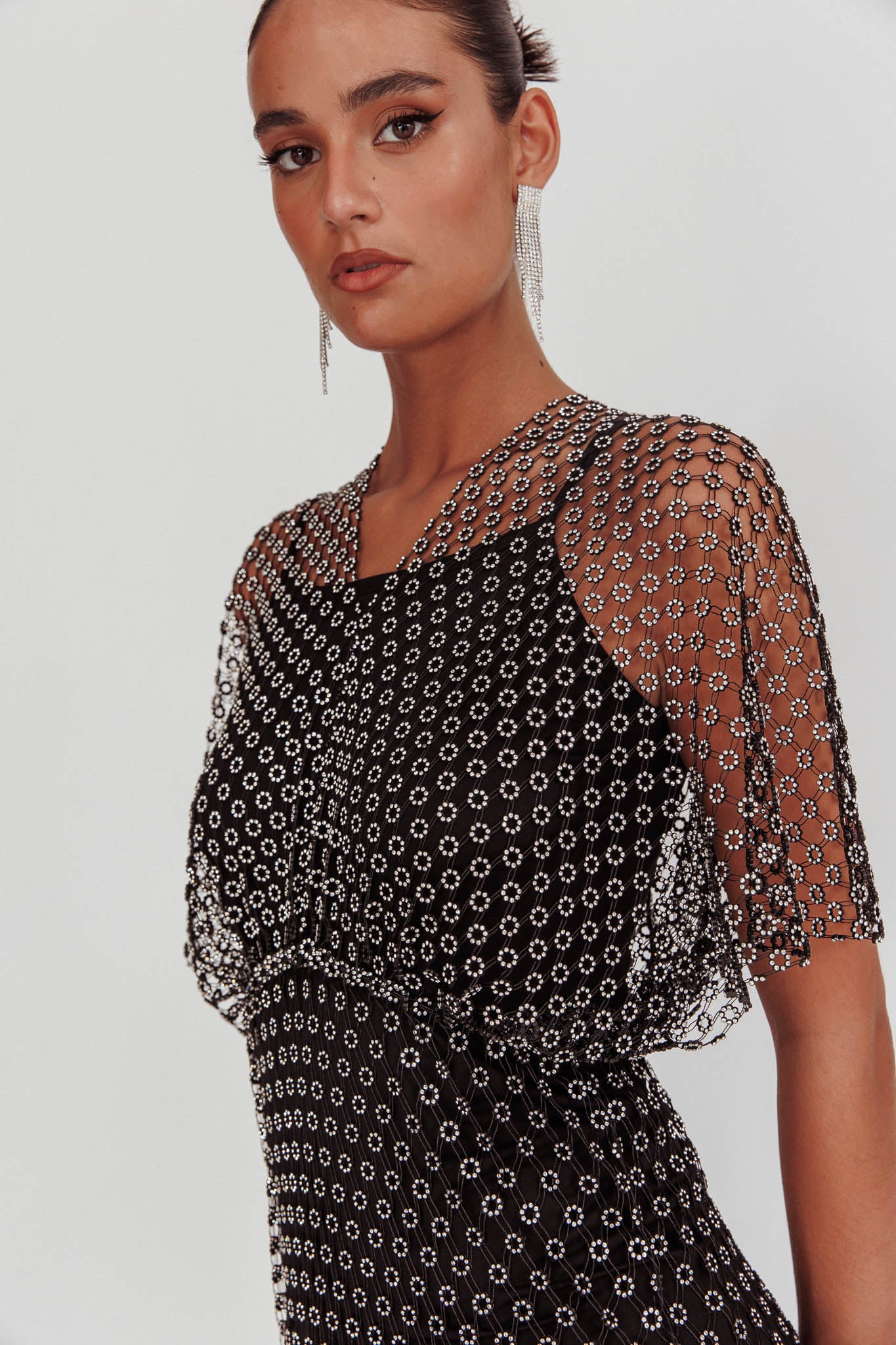 Astra Diamante Fishnet Midi Dress Black by Selfie Leslie