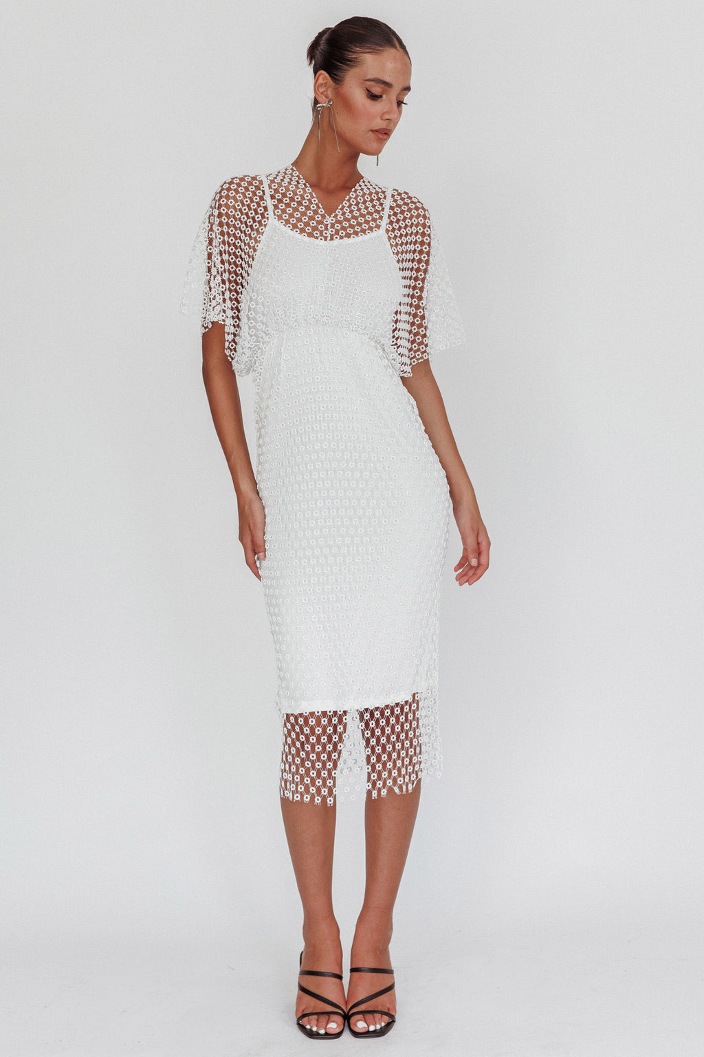 Astra Diamante Fishnet Midi Dress White by Selfie Leslie