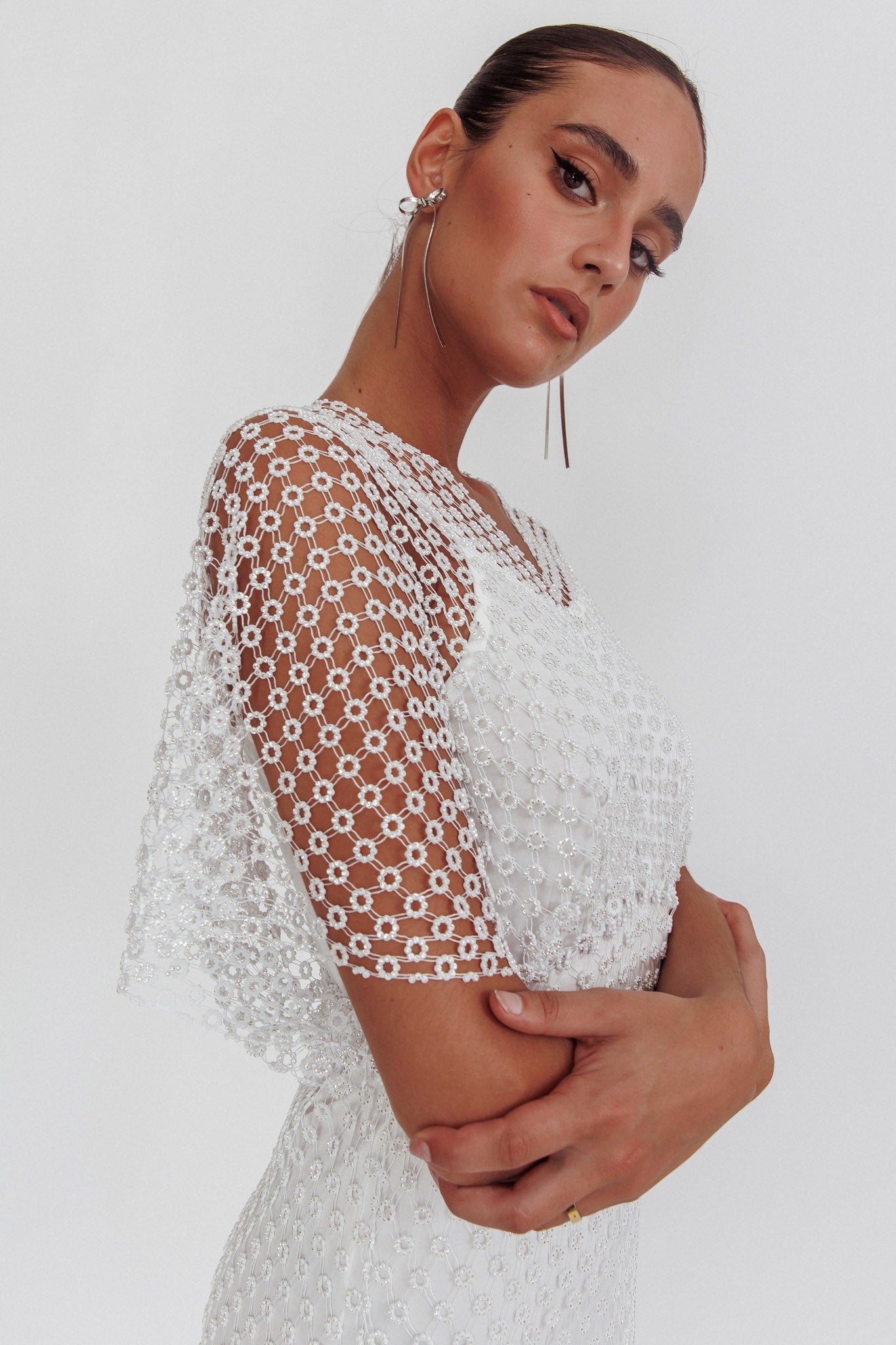 Astra Diamante Fishnet Midi Dress White Astra Diamante Fishnet Midi Dress White