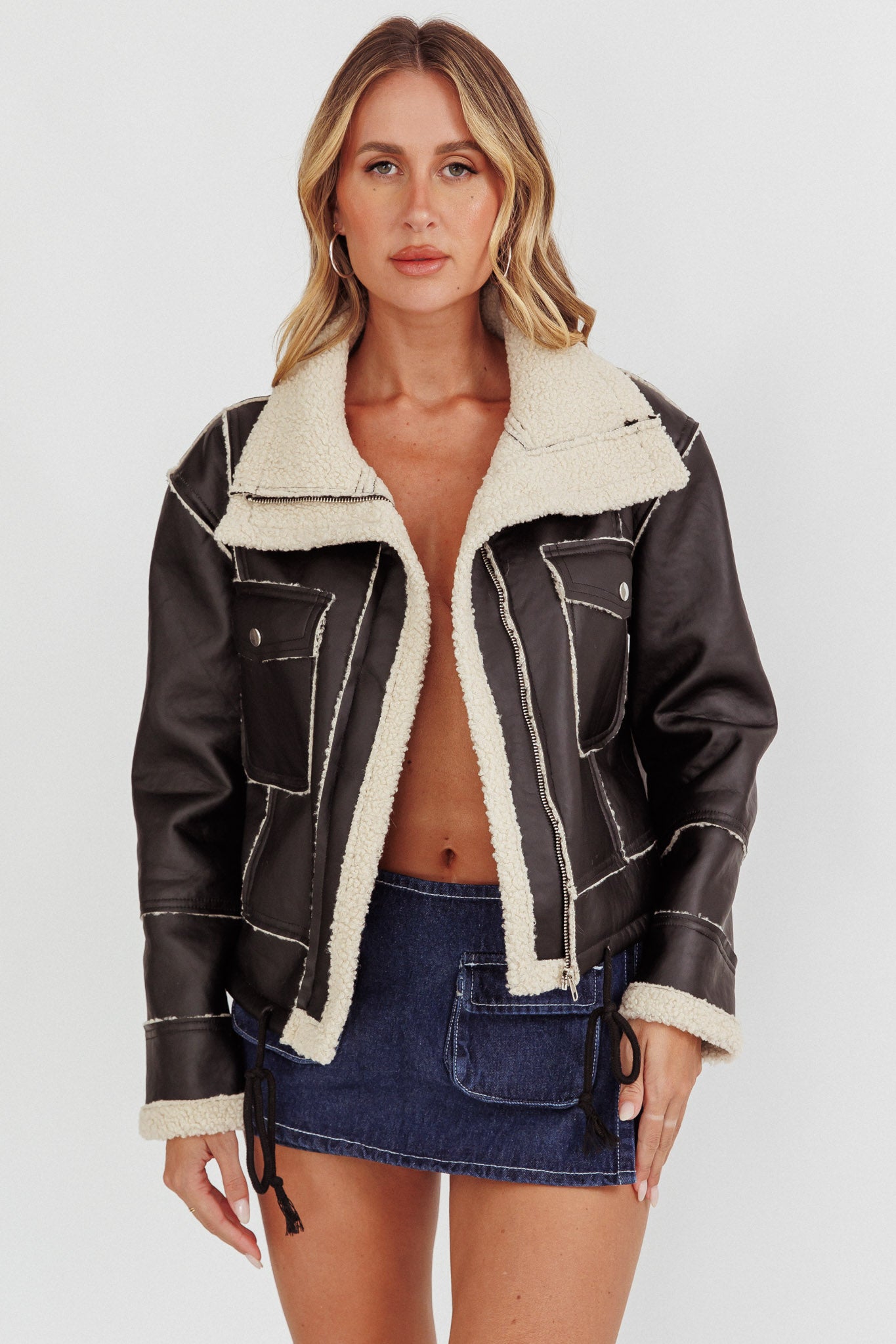 Davis Drawstring Hem Sherpa Jacket Black by Selfie Leslie