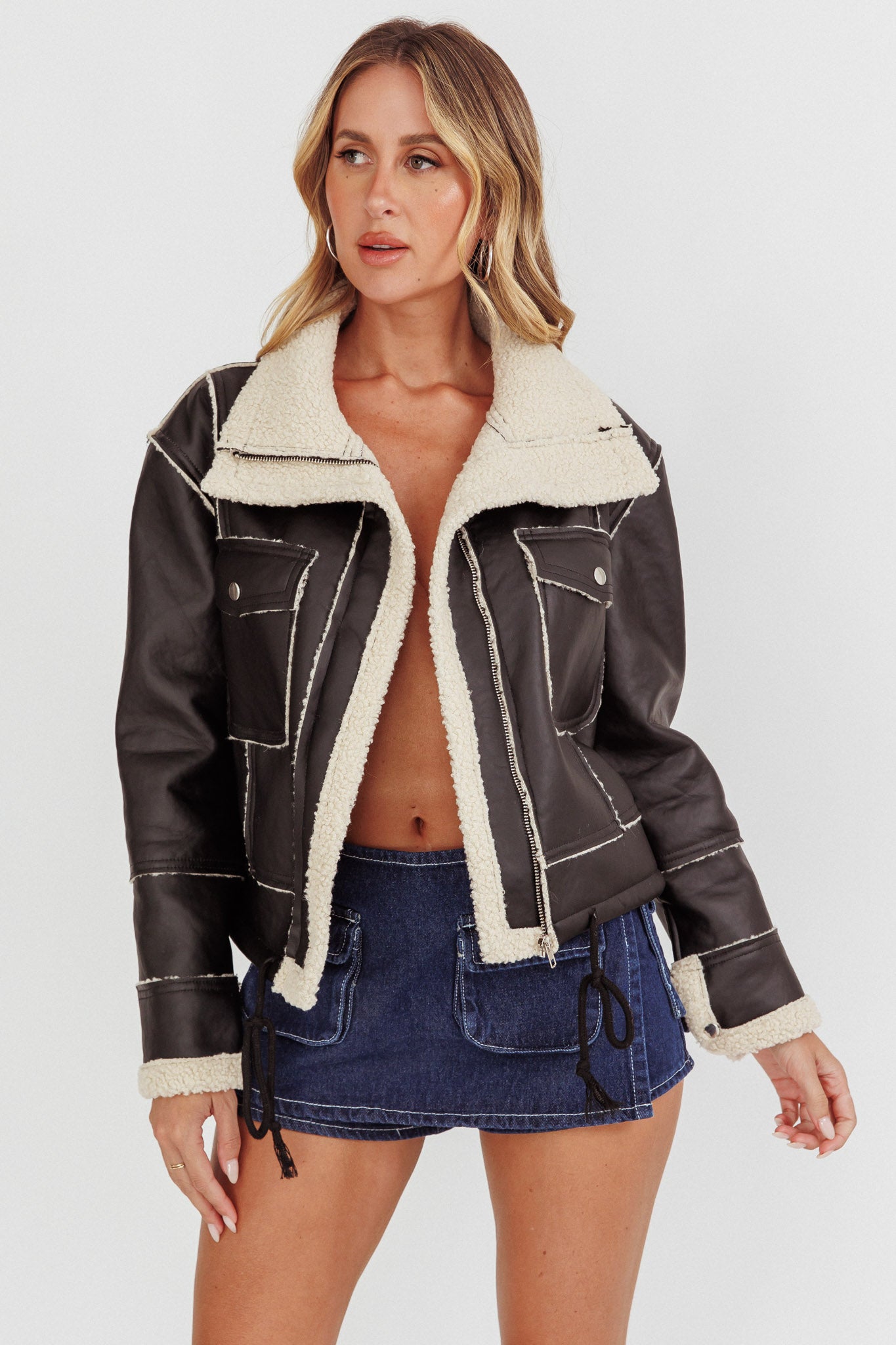 Davis Drawstring Hem Sherpa Jacket Black by Selfie Leslie