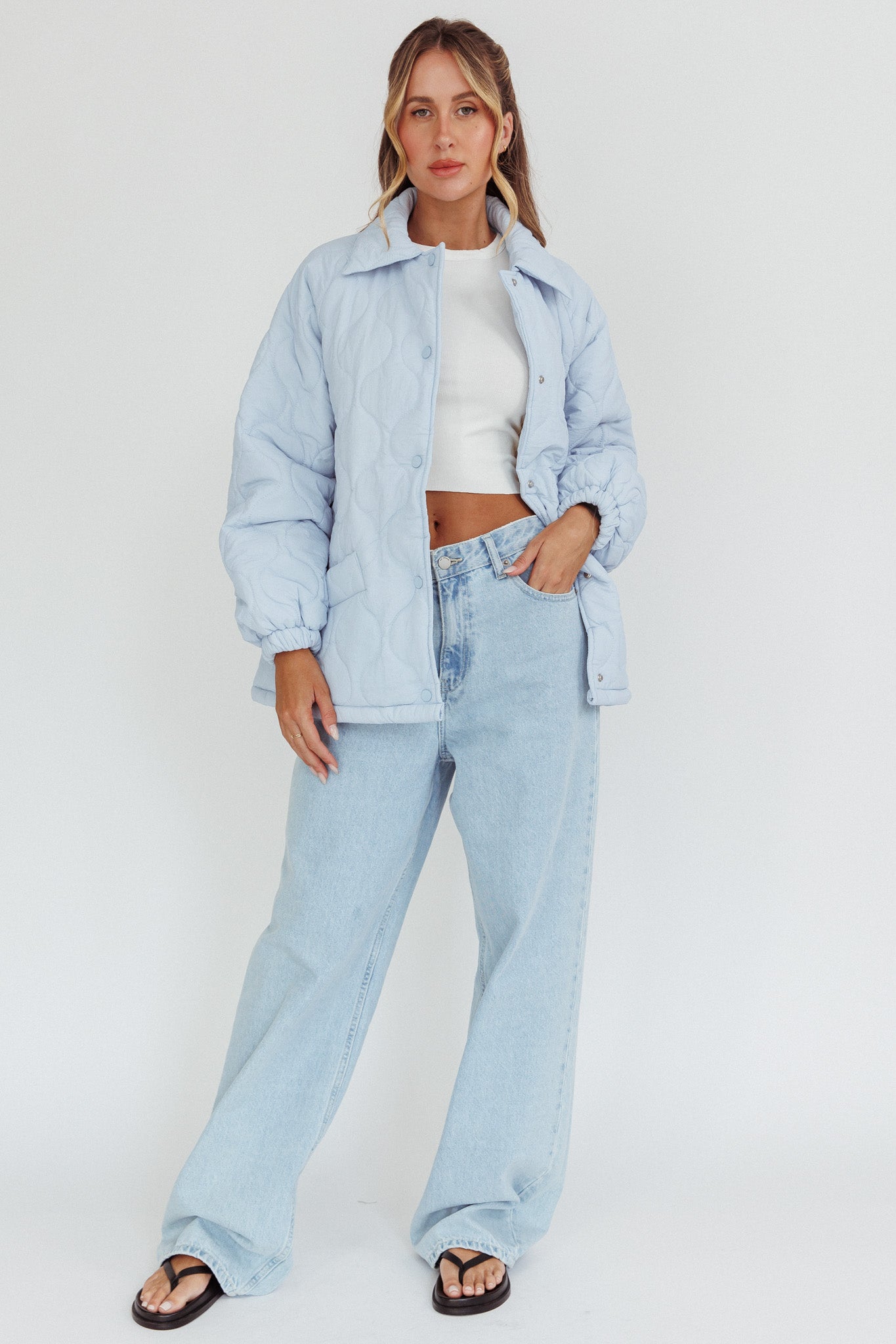 By The Fireplace Quilted Puffer Jacket Baby Blue by Selfie Leslie