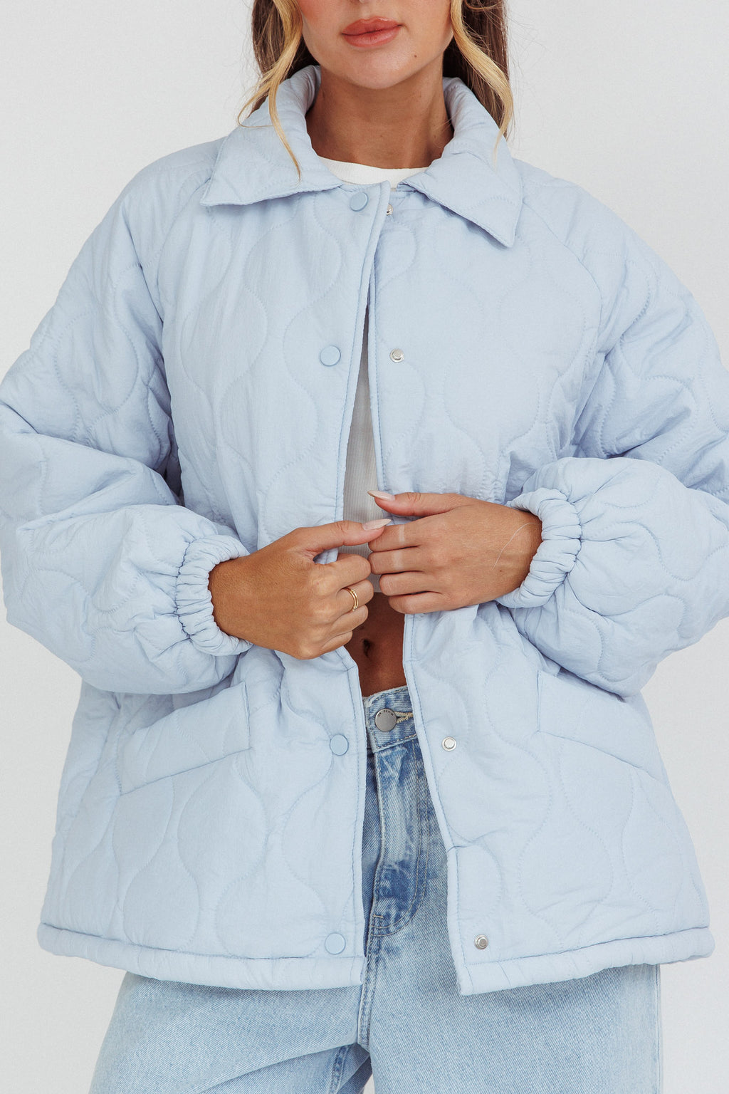 By The Fireplace Quilted Puffer Jacket Baby Blue by Selfie Leslie