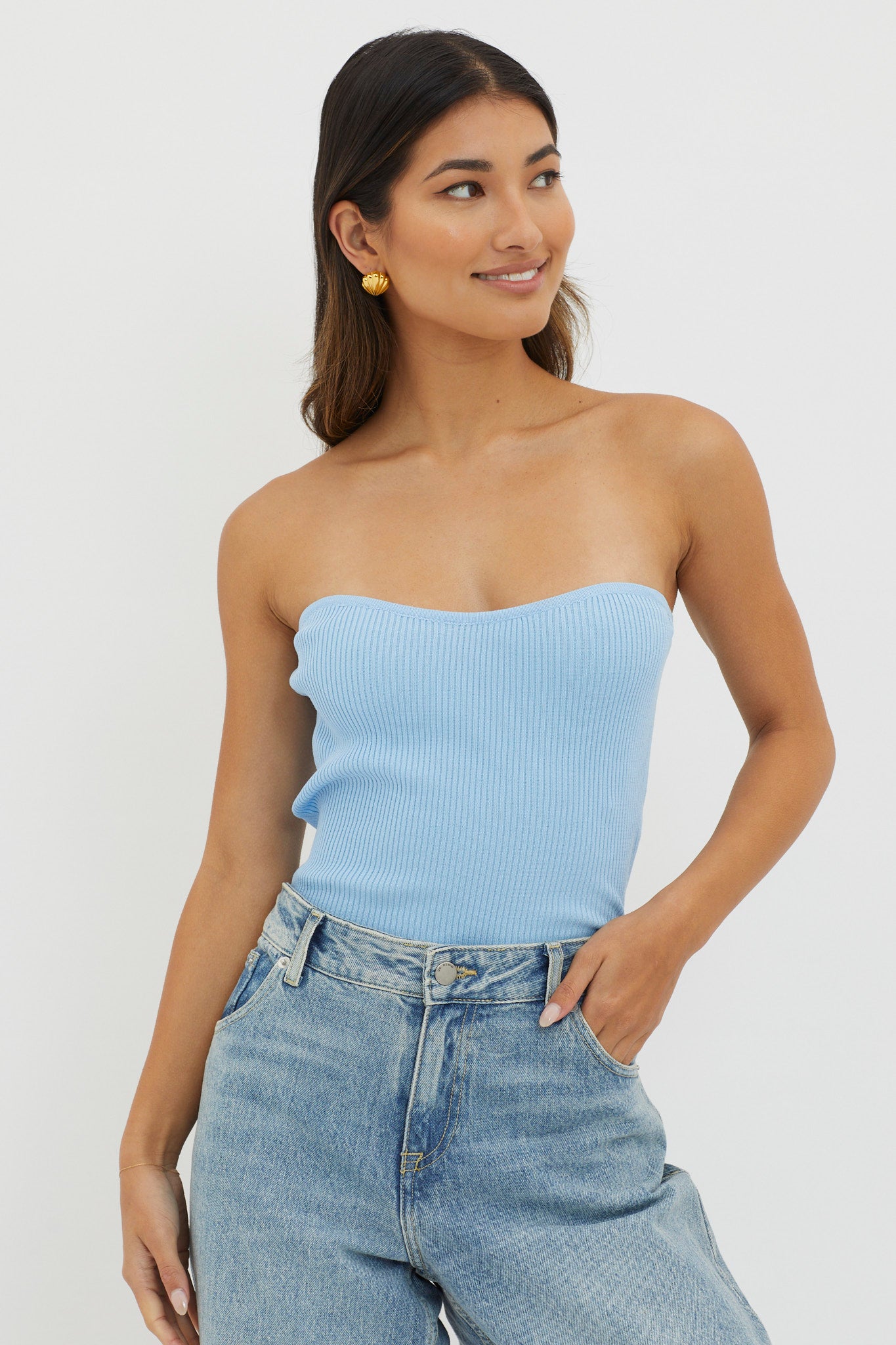 Flora Strapless Knit Top Blue by Selfie Leslie