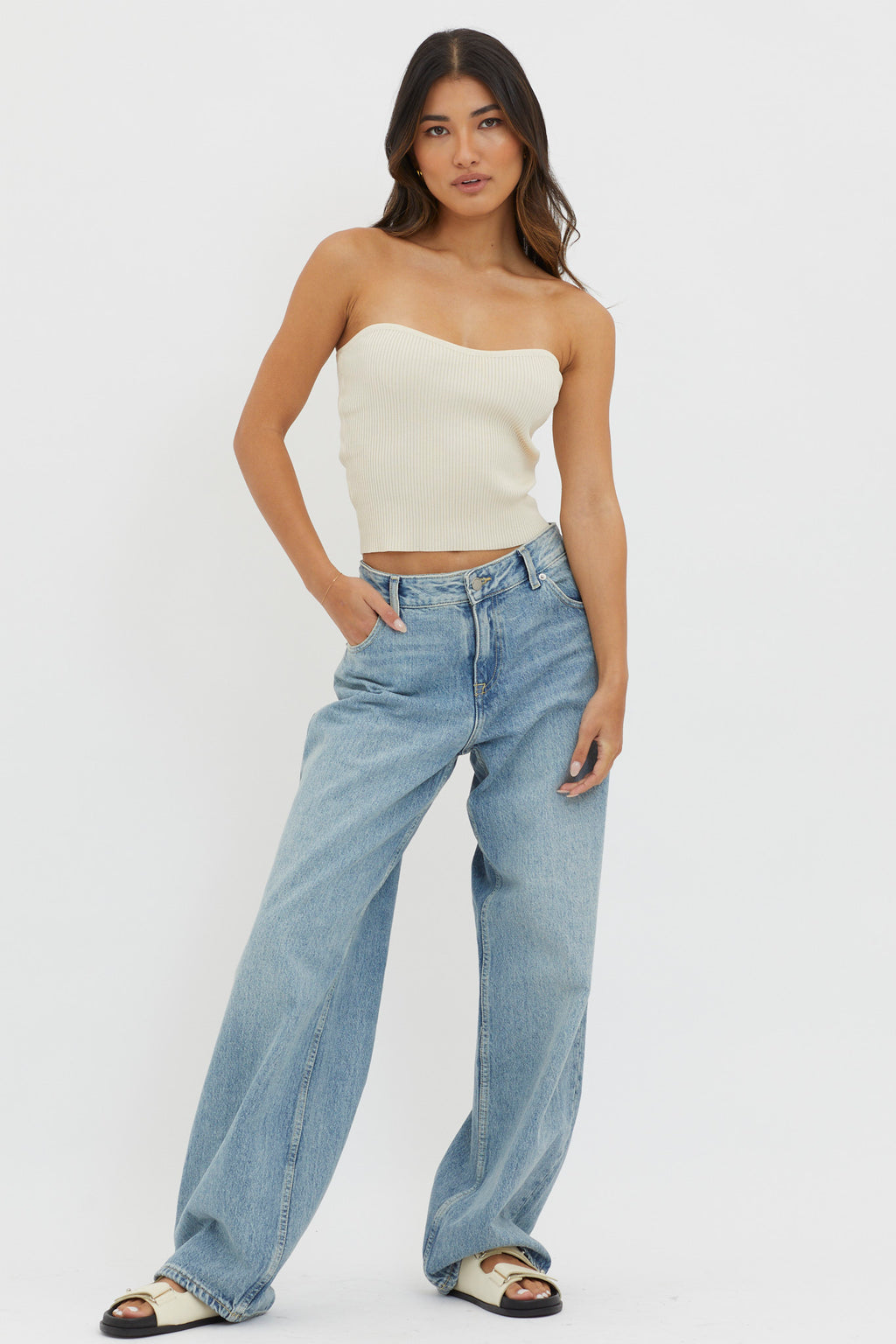 Flora Strapless Knit Top Cream by Selfie Leslie