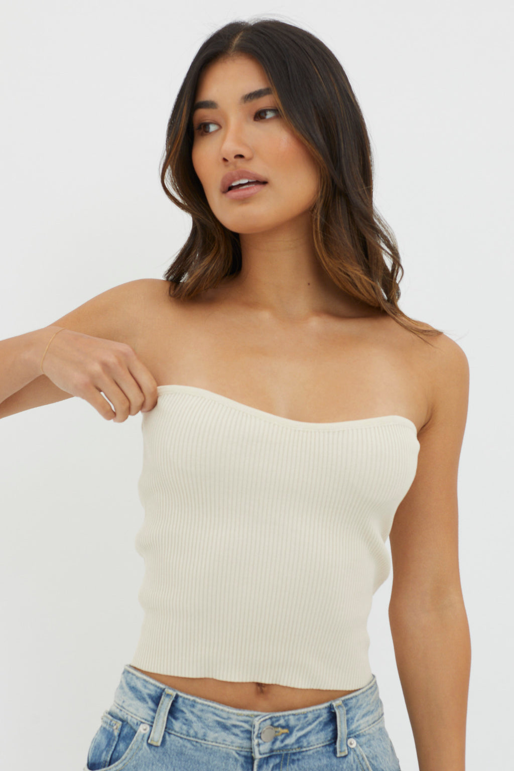 Flora Strapless Knit Top Cream by Selfie Leslie