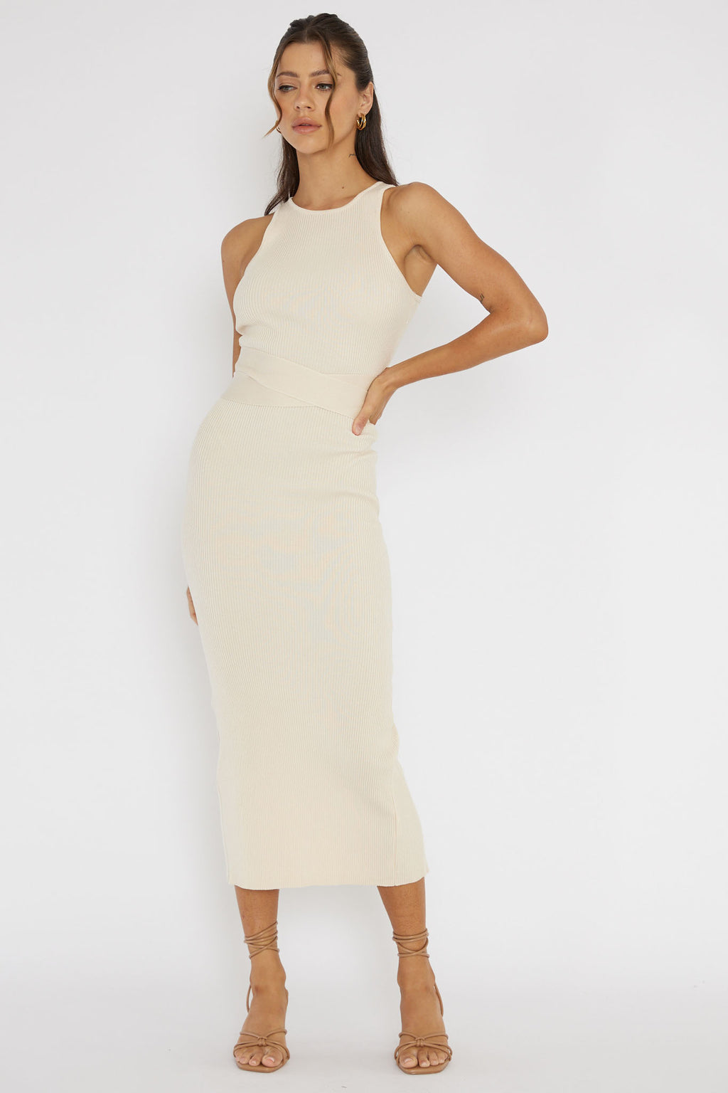 Charmed Me Ribbed Knit Midi Dress Cream by Selfie Leslie