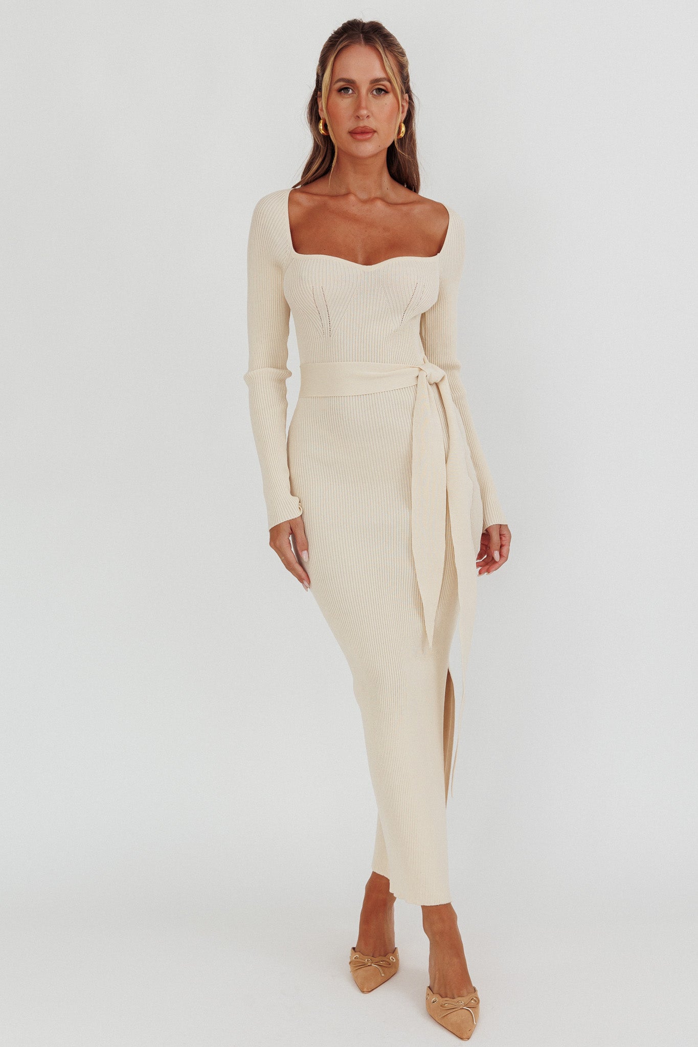 Twilight Moments Long Sleeve Knit Dress Cream by Selfie Leslie