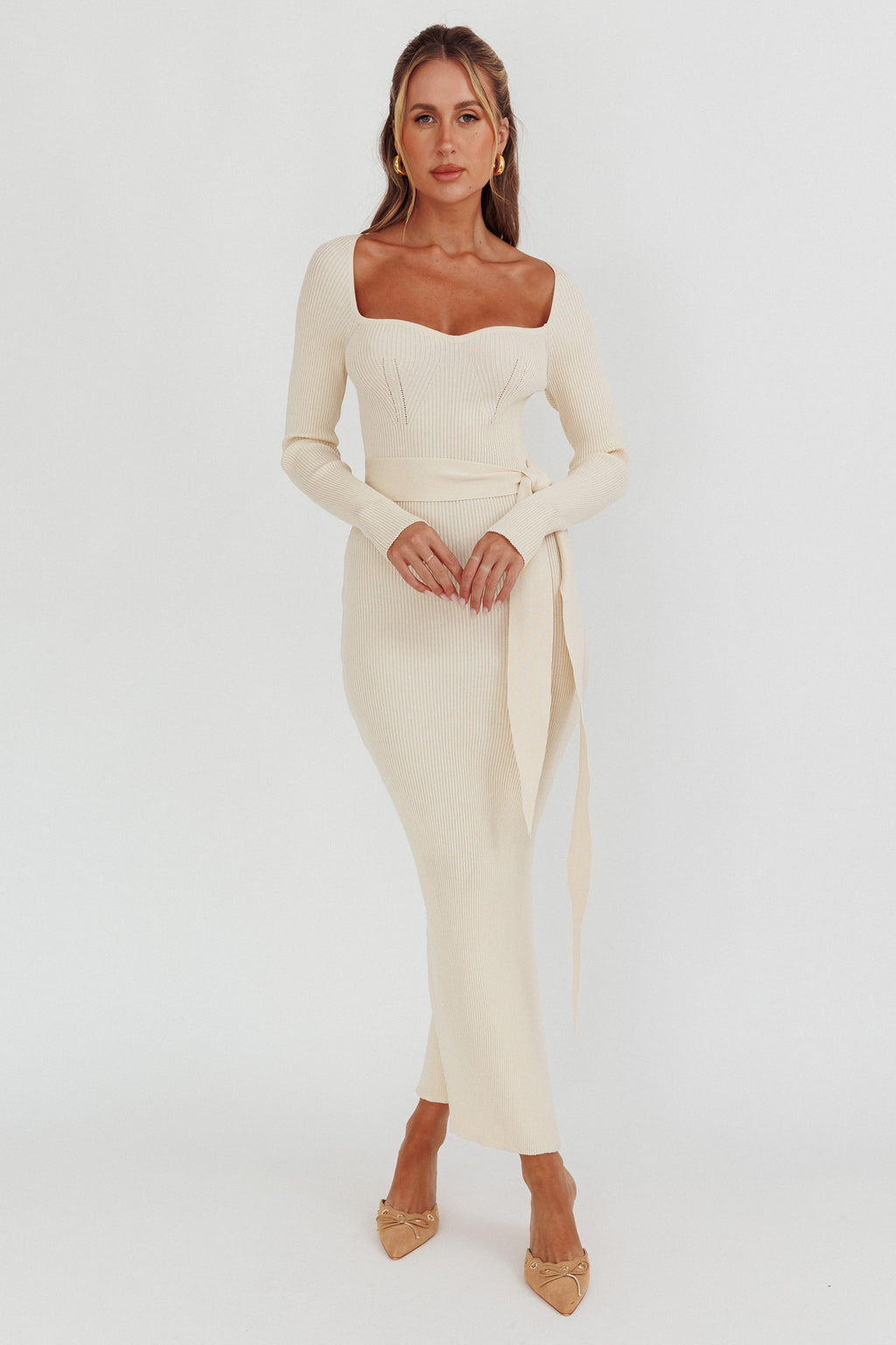 Twilight Moments Long Sleeve Knit Dress Cream by Selfie Leslie