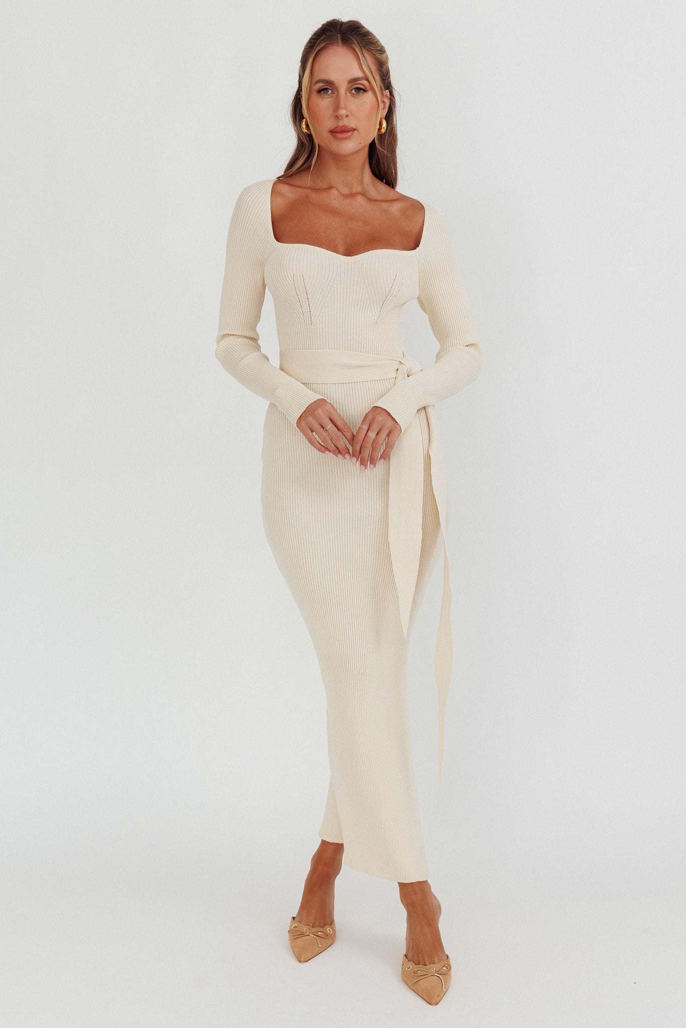 Twilight Moments Long Sleeve Knit Dress Cream by Selfie Leslie