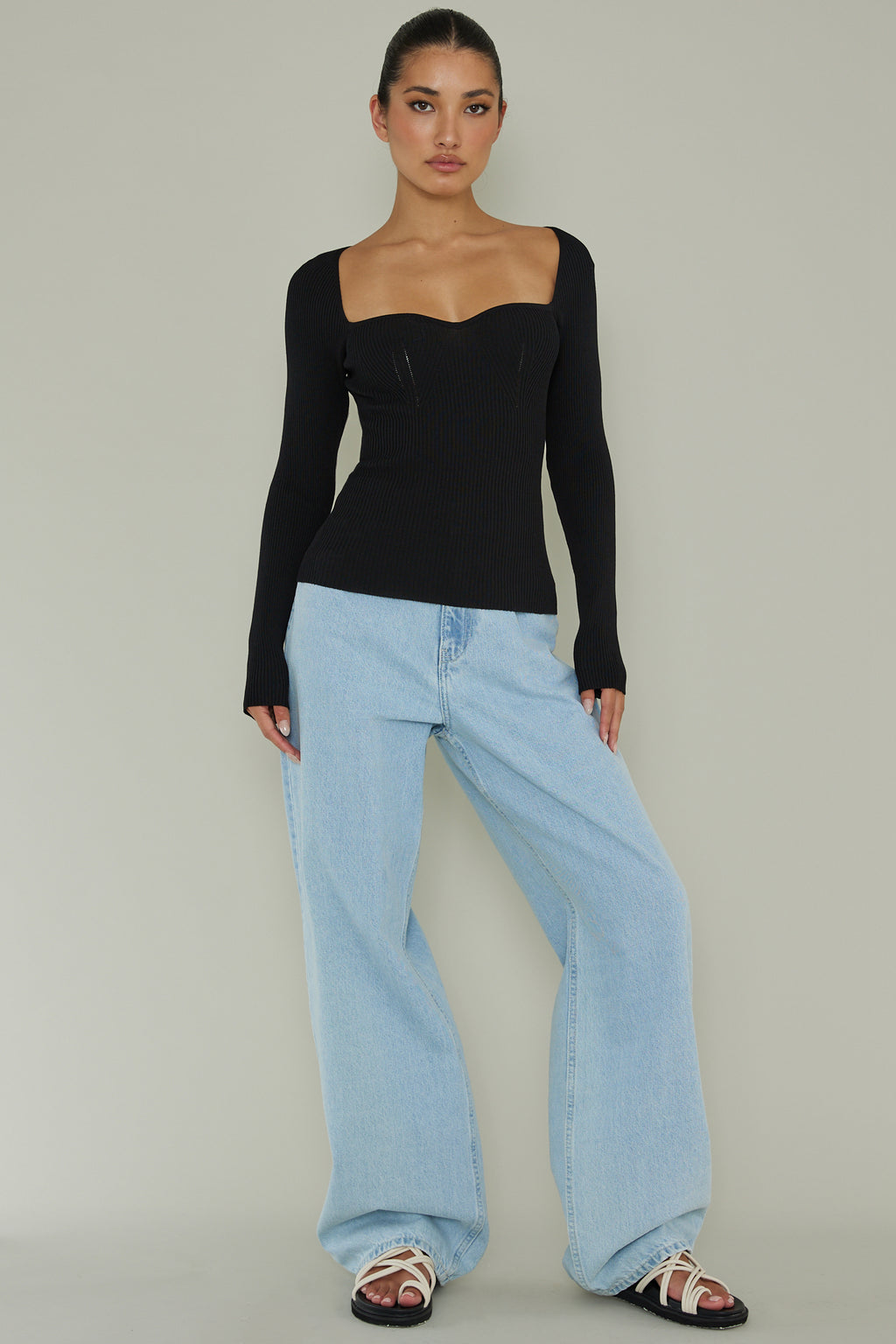 Switch Focus Long Sleeve Knit Top Black by Selfie Leslie