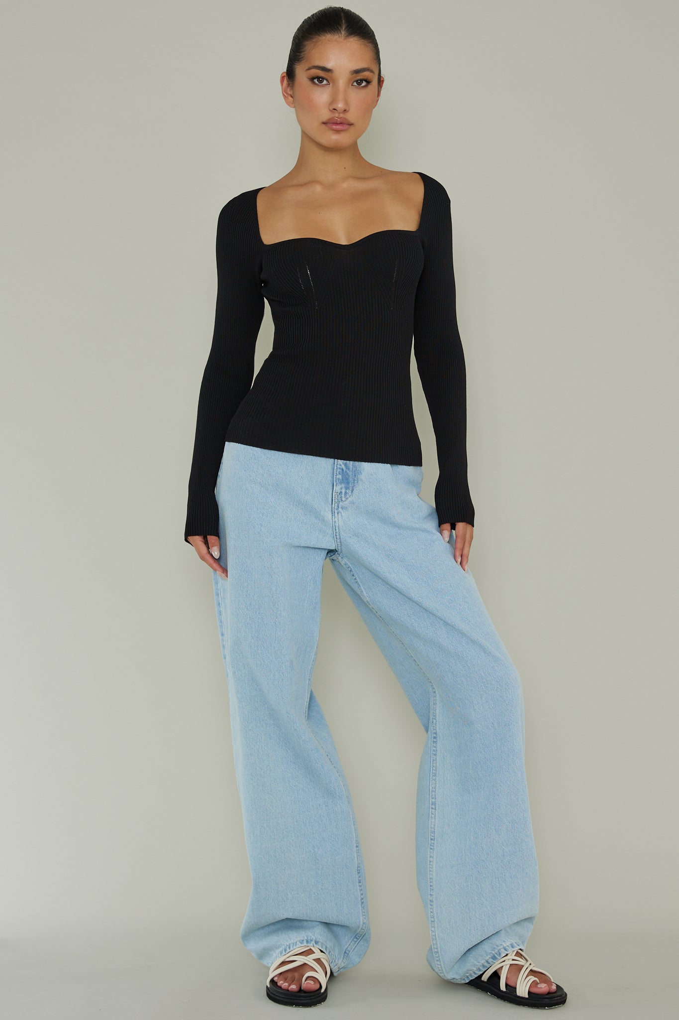Switch Focus Long Sleeve Knit Top Black by Selfie Leslie