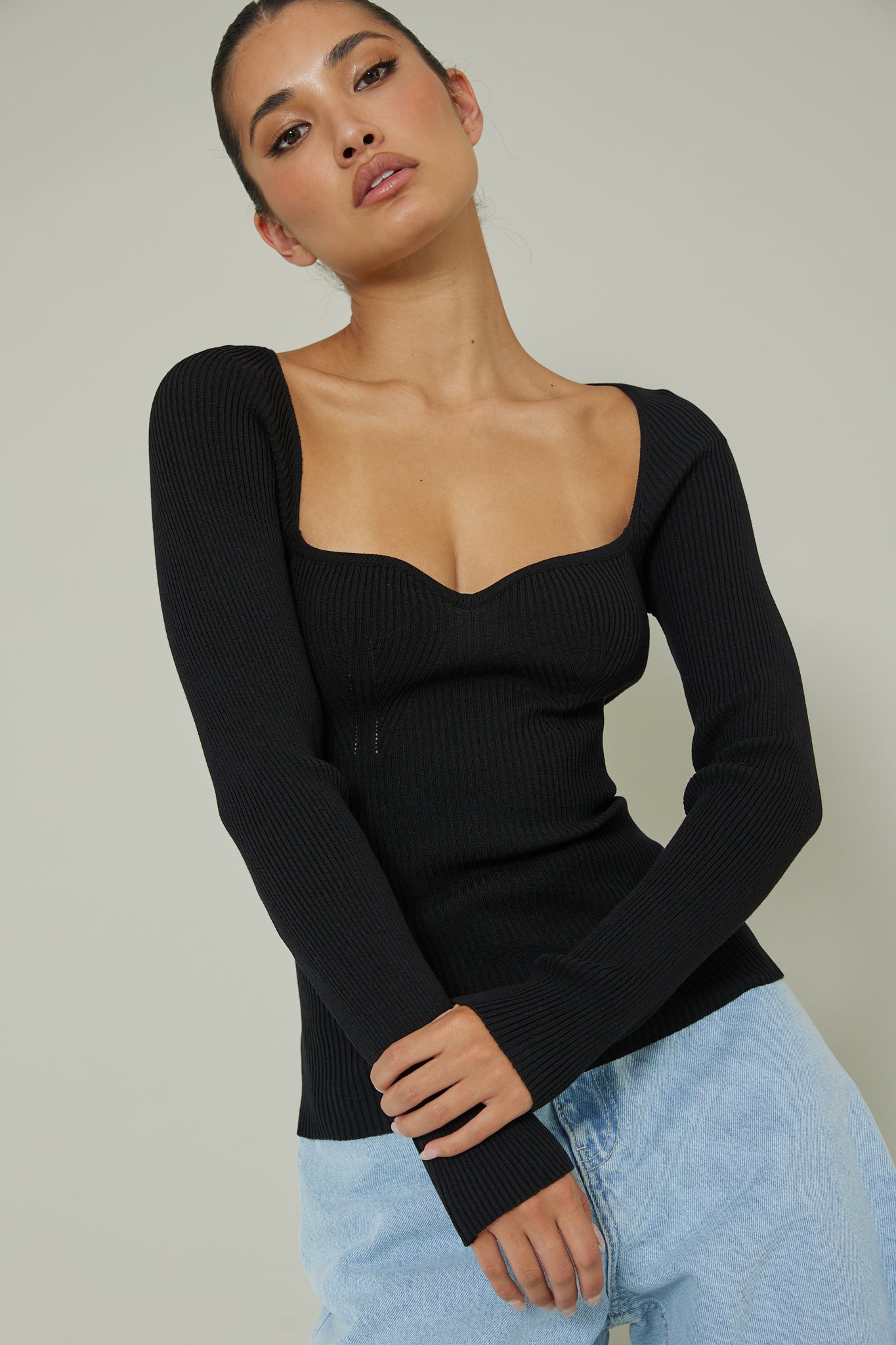 Switch Focus Long Sleeve Knit Top Black by Selfie Leslie