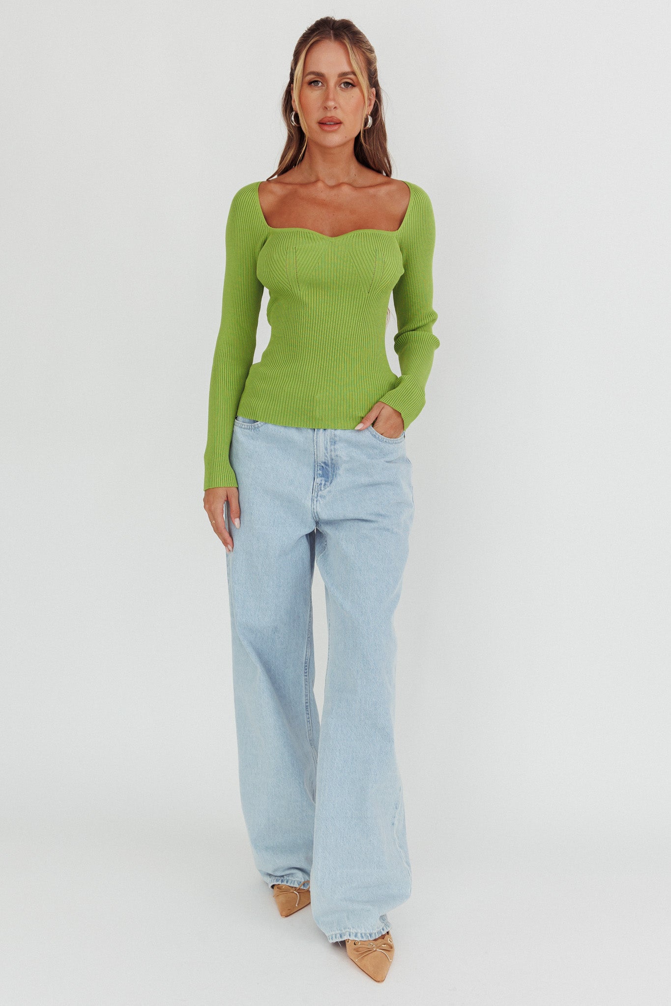 Switch Focus Long Sleeve Knit Top Matcha by Selfie Leslie