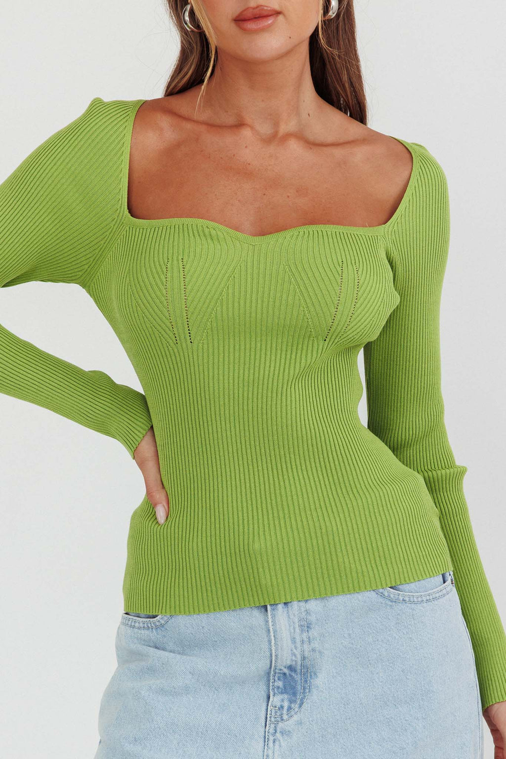 Switch Focus Long Sleeve Knit Top Matcha by Selfie Leslie