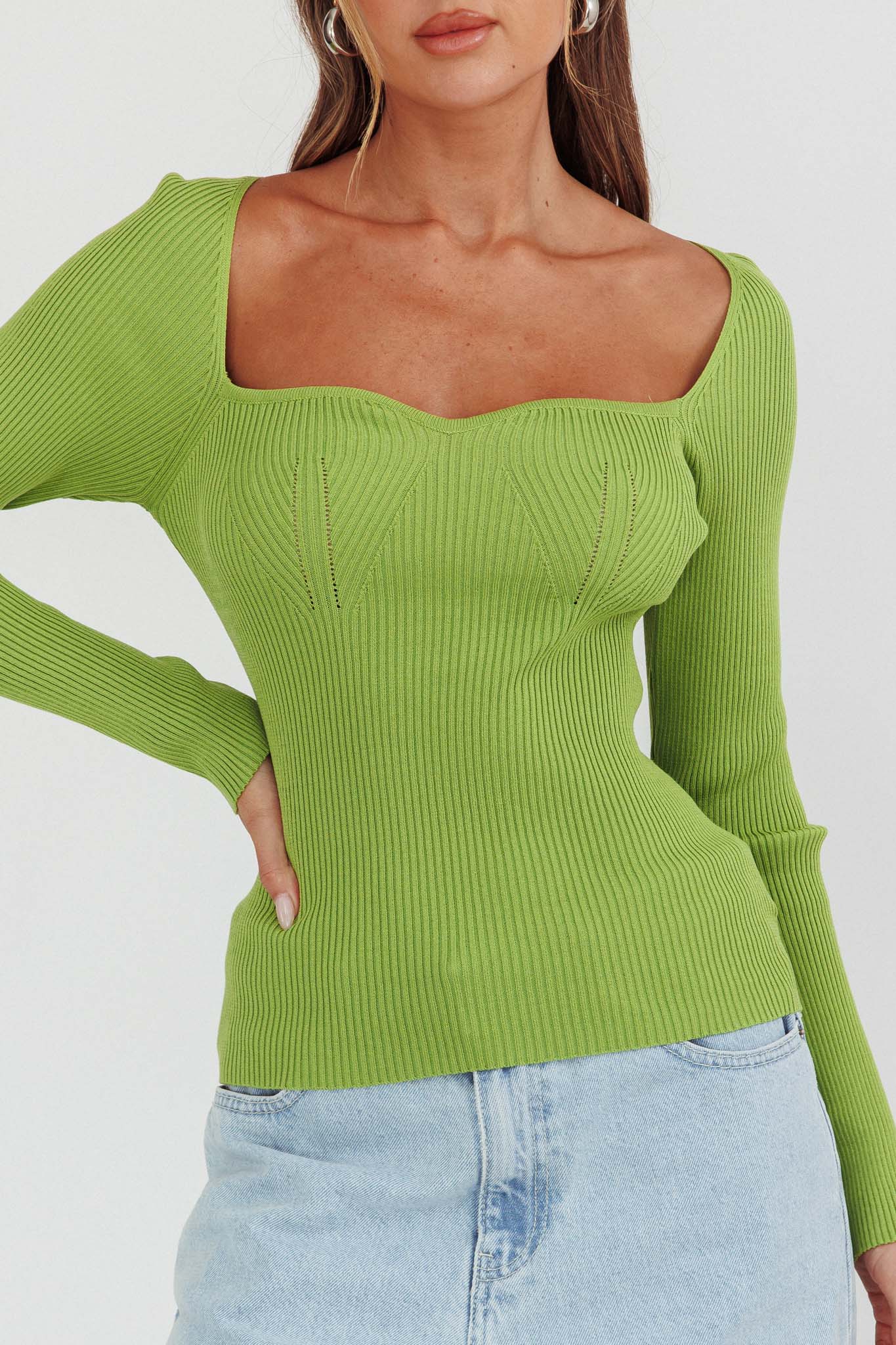 Switch Focus Long Sleeve Knit Top Matcha by Selfie Leslie