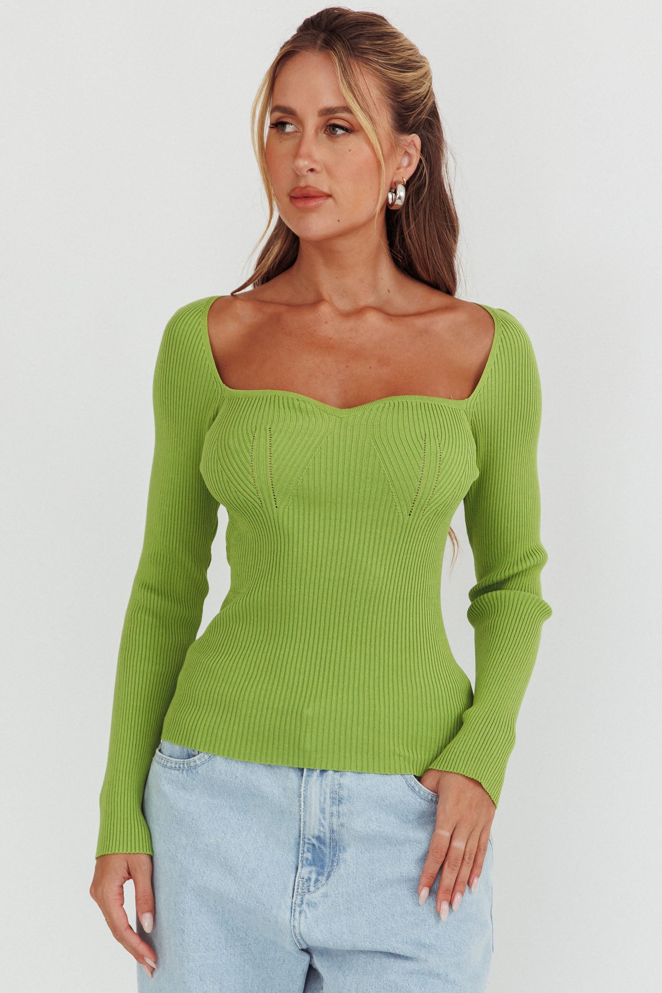 Switch Focus Long Sleeve Knit Top Matcha by Selfie Leslie