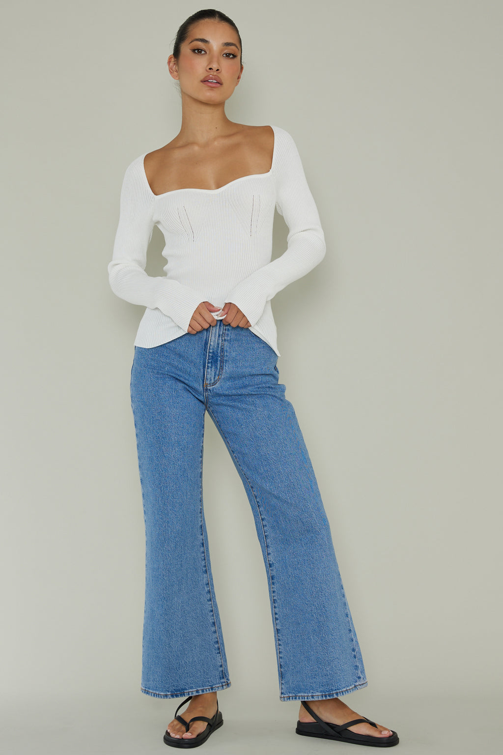 Switch Focus Long Sleeve Knit Top White by Selfie Leslie