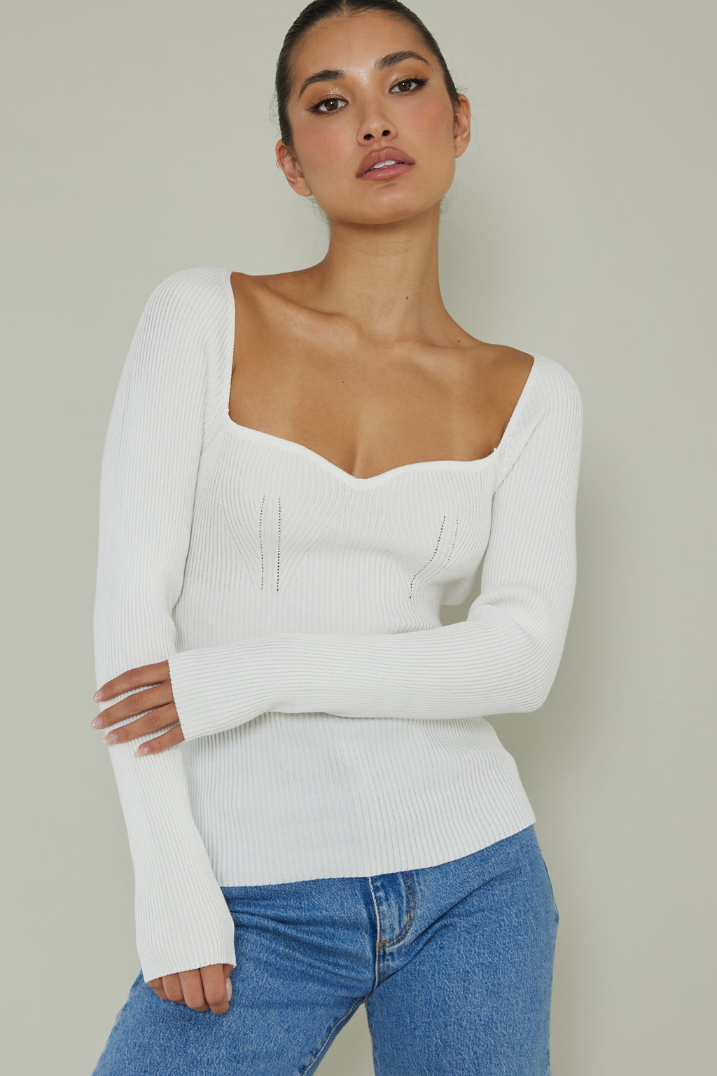 Switch Focus Long Sleeve Knit Top White by Selfie Leslie