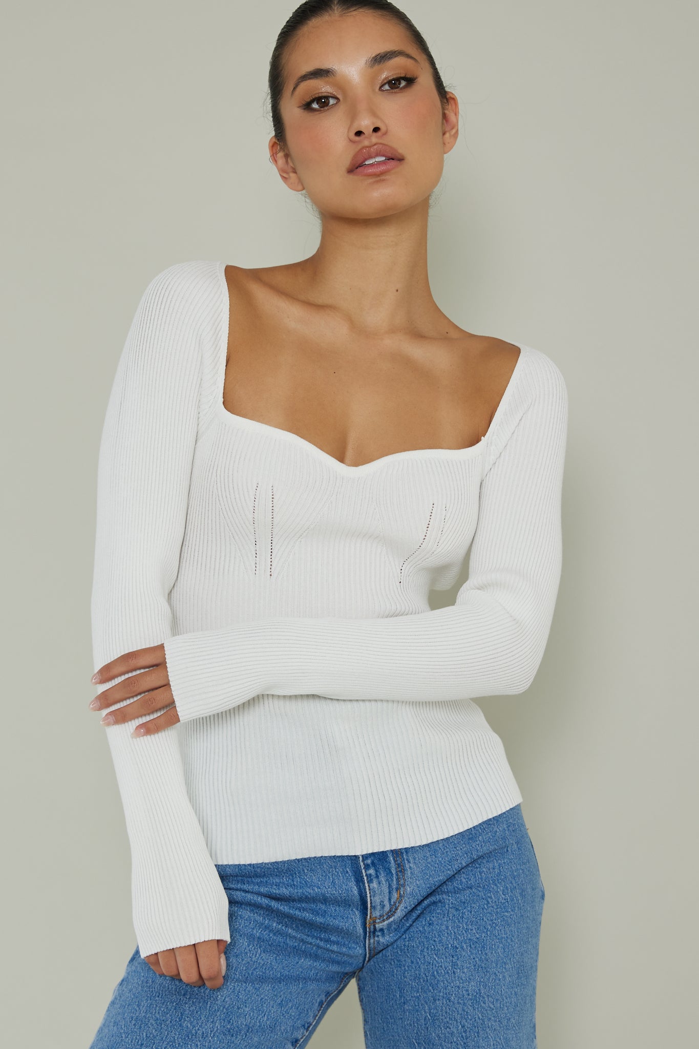 Switch Focus Long Sleeve Knit Top White by Selfie Leslie