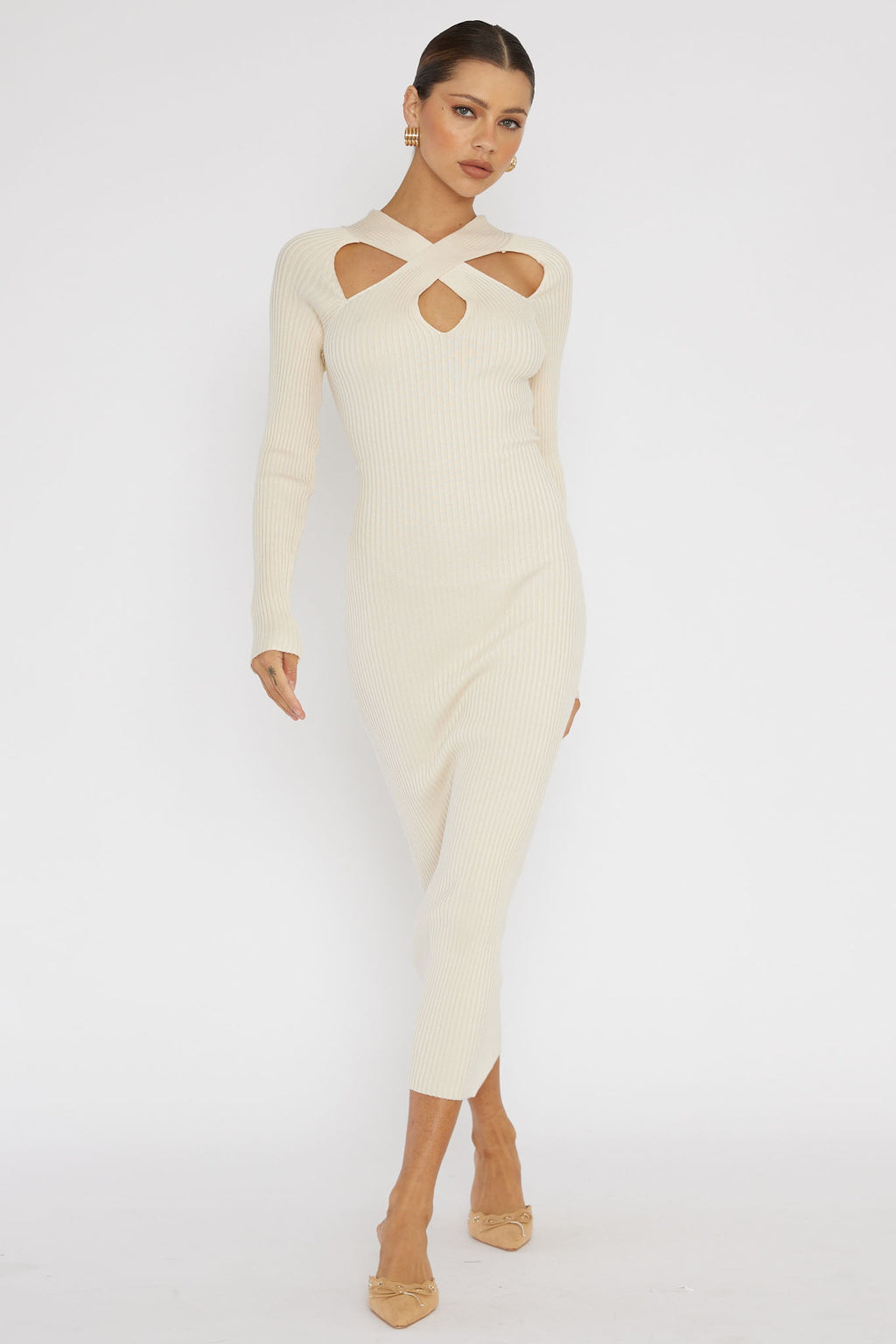 One Mind Cut-Out Neckline Knit Midi Dress Cream by Selfie Leslie