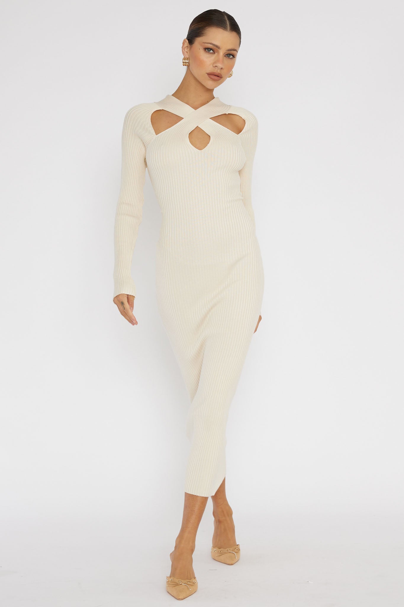 One Mind Cut-Out Neckline Knit Midi Dress Cream by Selfie Leslie