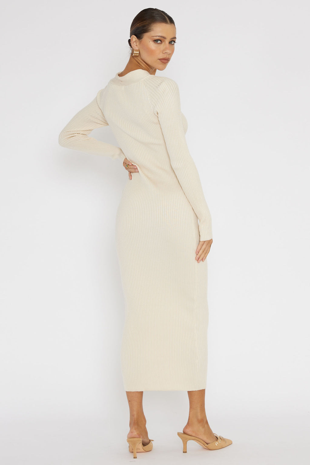 One Mind Cut-Out Neckline Knit Midi Dress Cream by Selfie Leslie