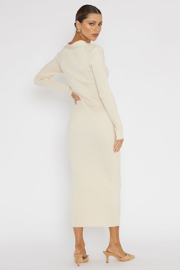 One Mind Cut-Out Neckline Knit Midi Dress Cream