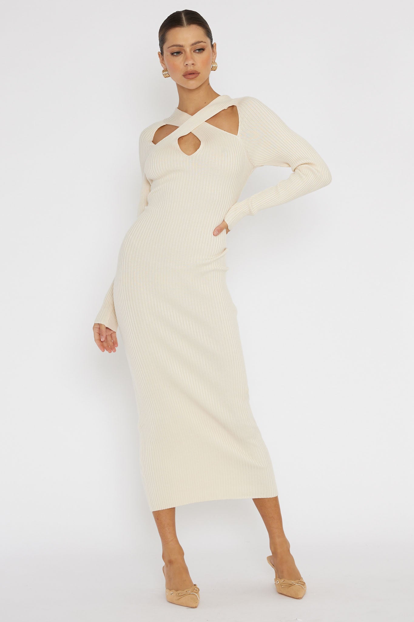 One Mind Cut-Out Neckline Knit Midi Dress Cream by Selfie Leslie