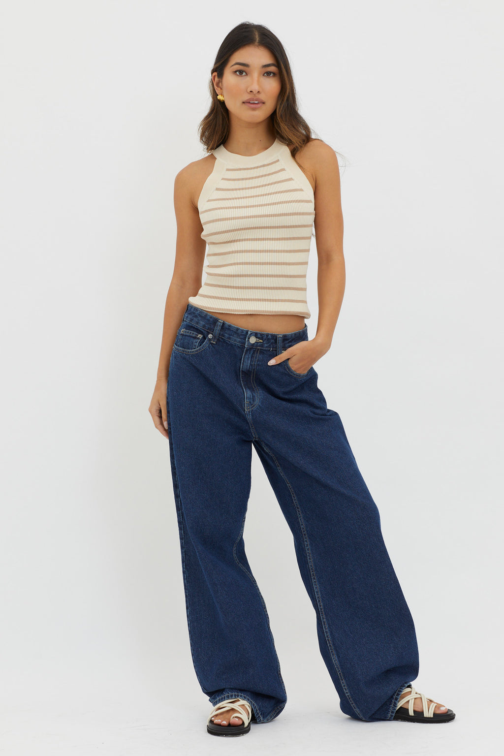 Made It Ribbed Knit Top Stripe Beige by Selfie Leslie