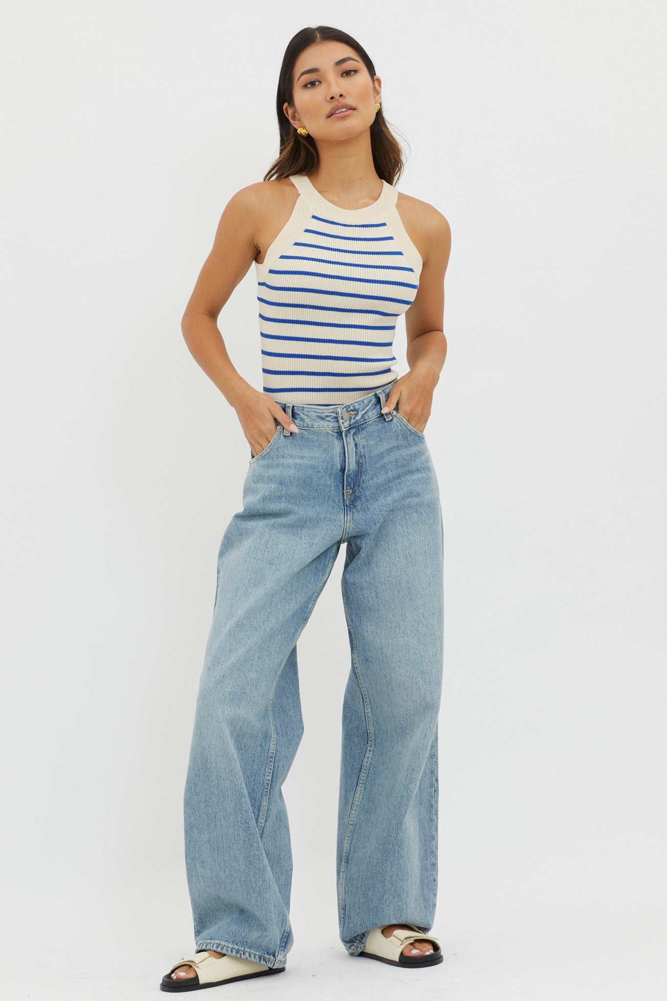 Made It Ribbed Knit Top Stripe Blue by Selfie Leslie
