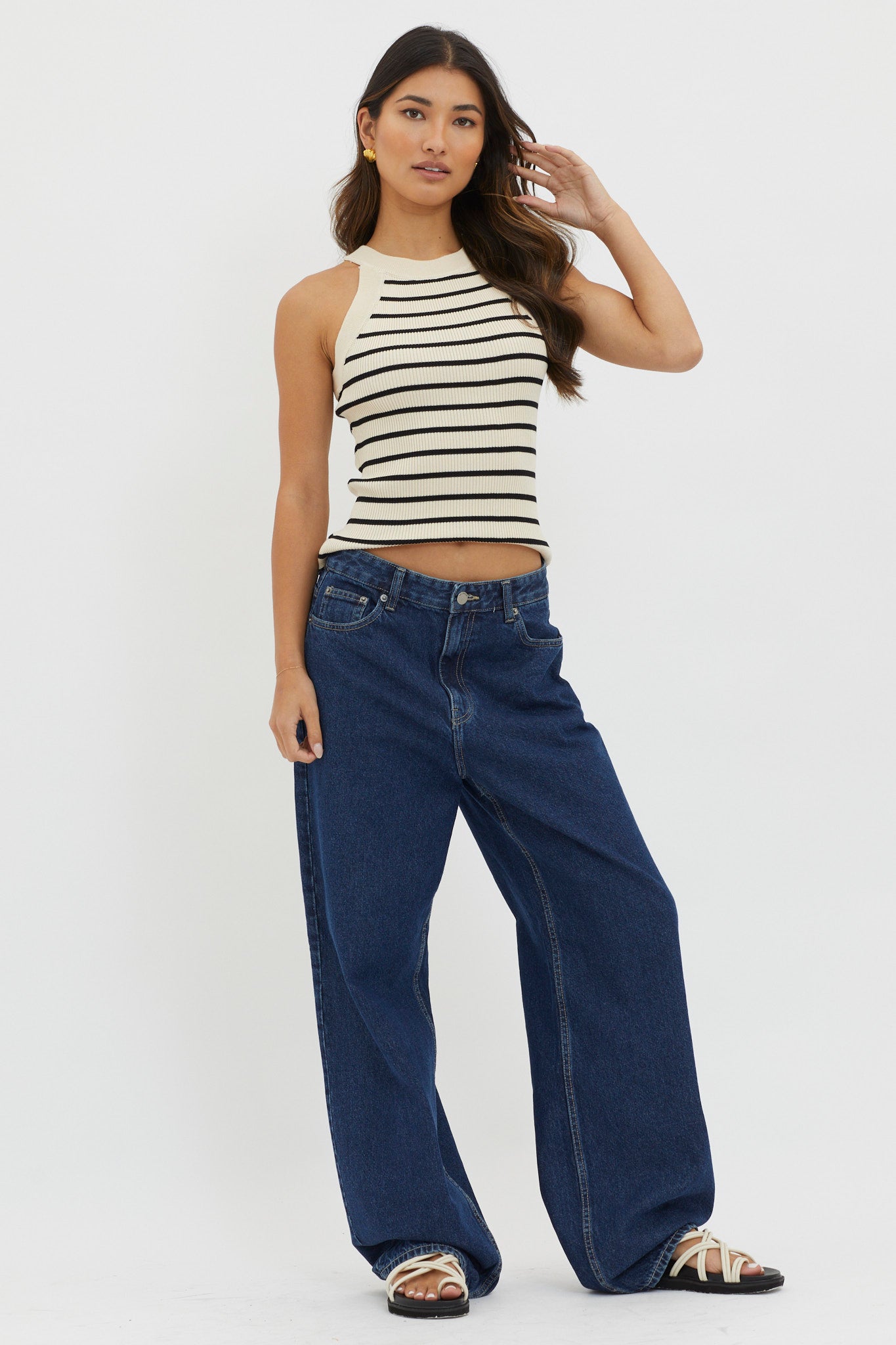 Made It Ribbed Knit Top Stripe Cream by Selfie Leslie