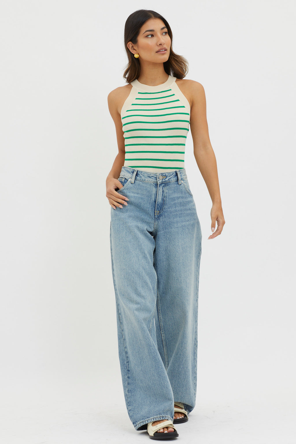 Made It Ribbed Knit Top Stripe Green by Selfie Leslie
