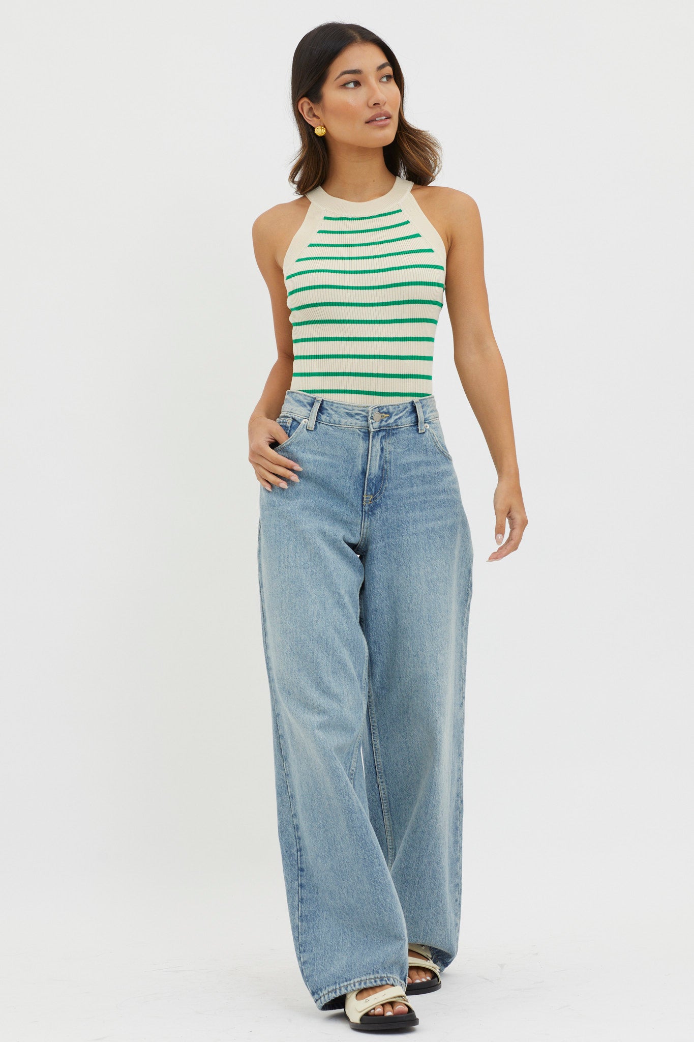 Made It Ribbed Knit Top Stripe Green by Selfie Leslie