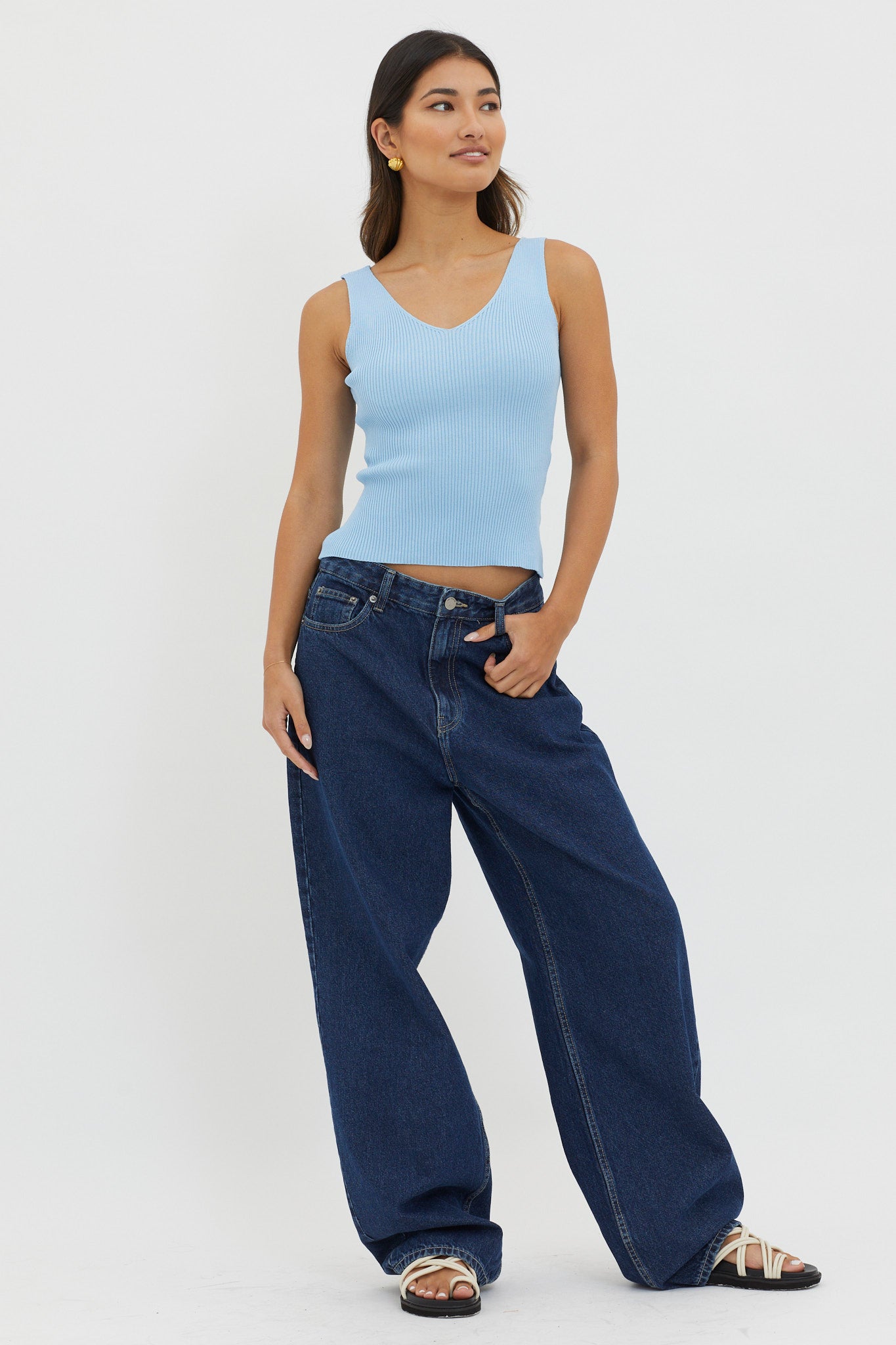 Off-Duty V-Neck Ribbed Knit Top Baby Blue by Selfie Leslie