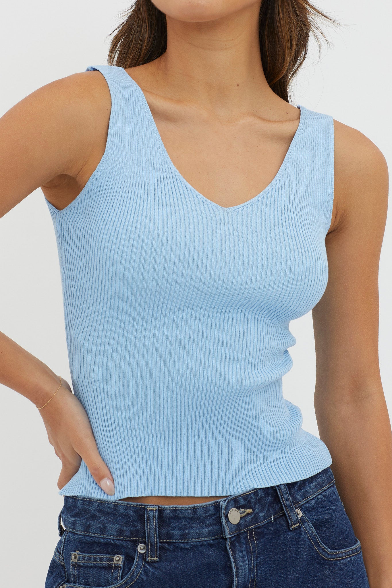 Off-Duty V-Neck Ribbed Knit Top Baby Blue by Selfie Leslie