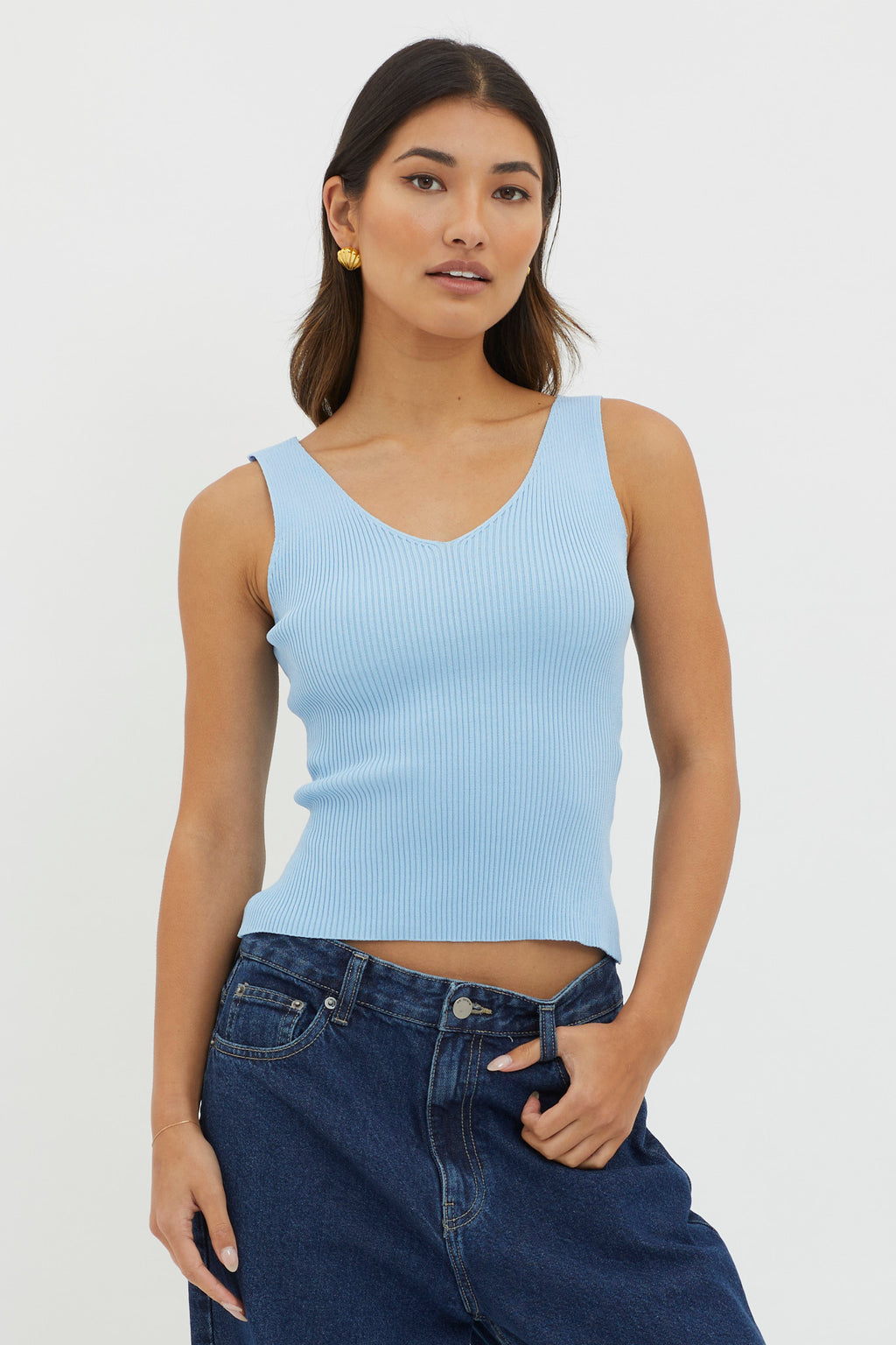 Off-Duty V-Neck Ribbed Knit Top Baby Blue by Selfie Leslie