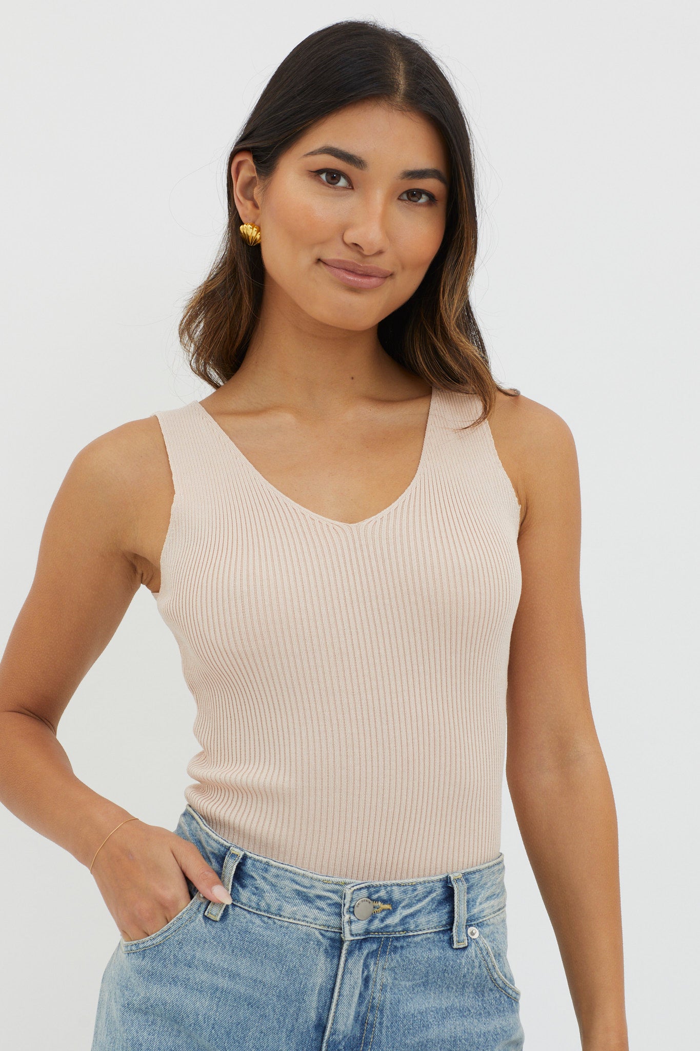 Off-Duty V-Neck Ribbed Knit Top Beige by Selfie Leslie