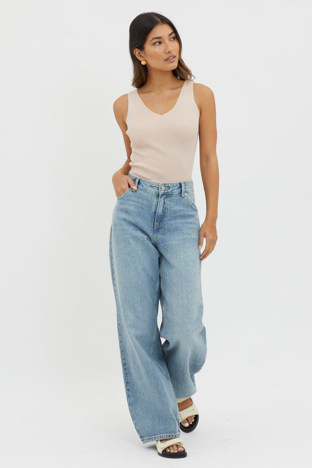 Off-Duty V-Neck Ribbed Knit Top Beige by Selfie Leslie