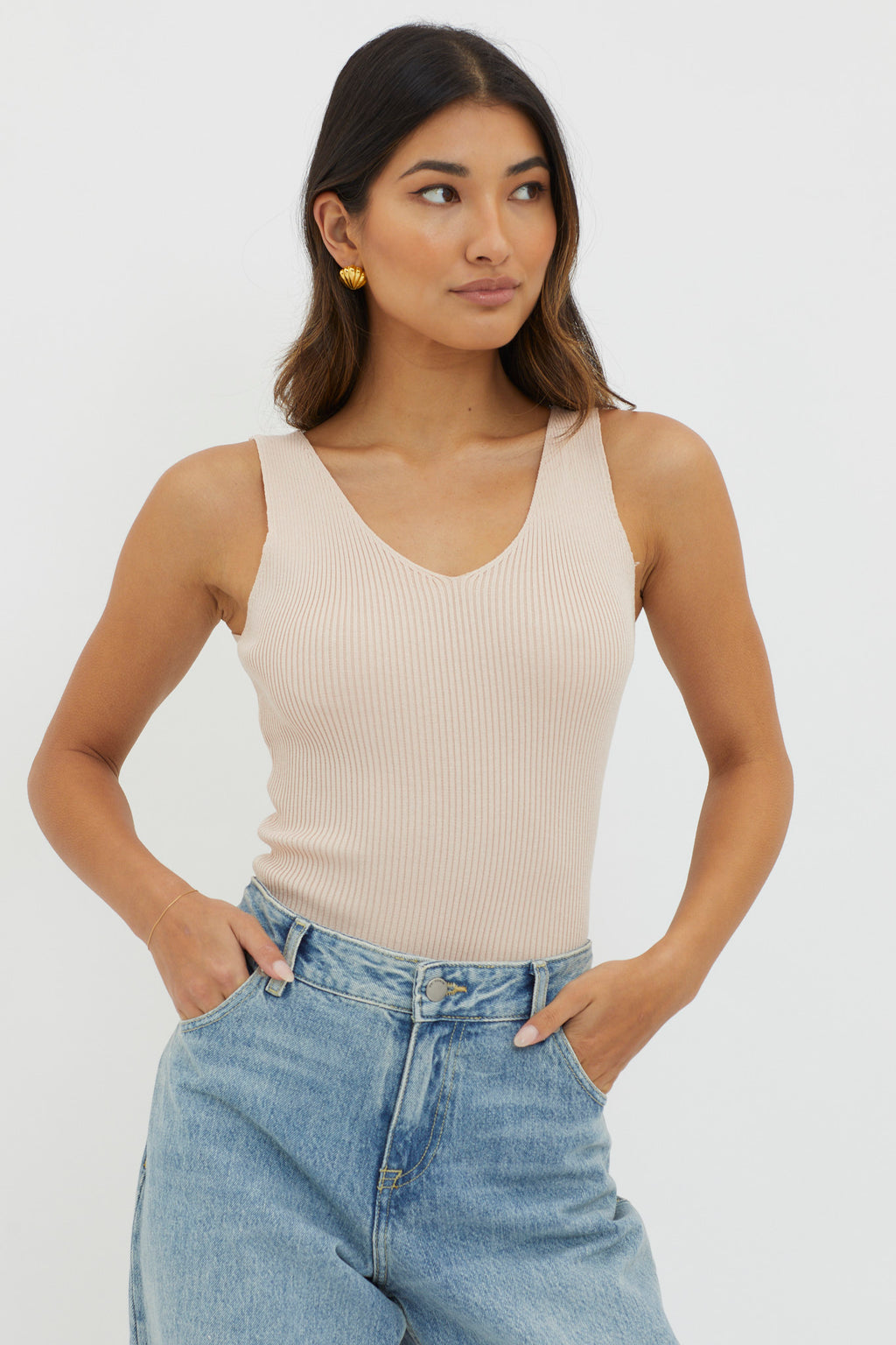 Off-Duty V-Neck Ribbed Knit Top Beige by Selfie Leslie