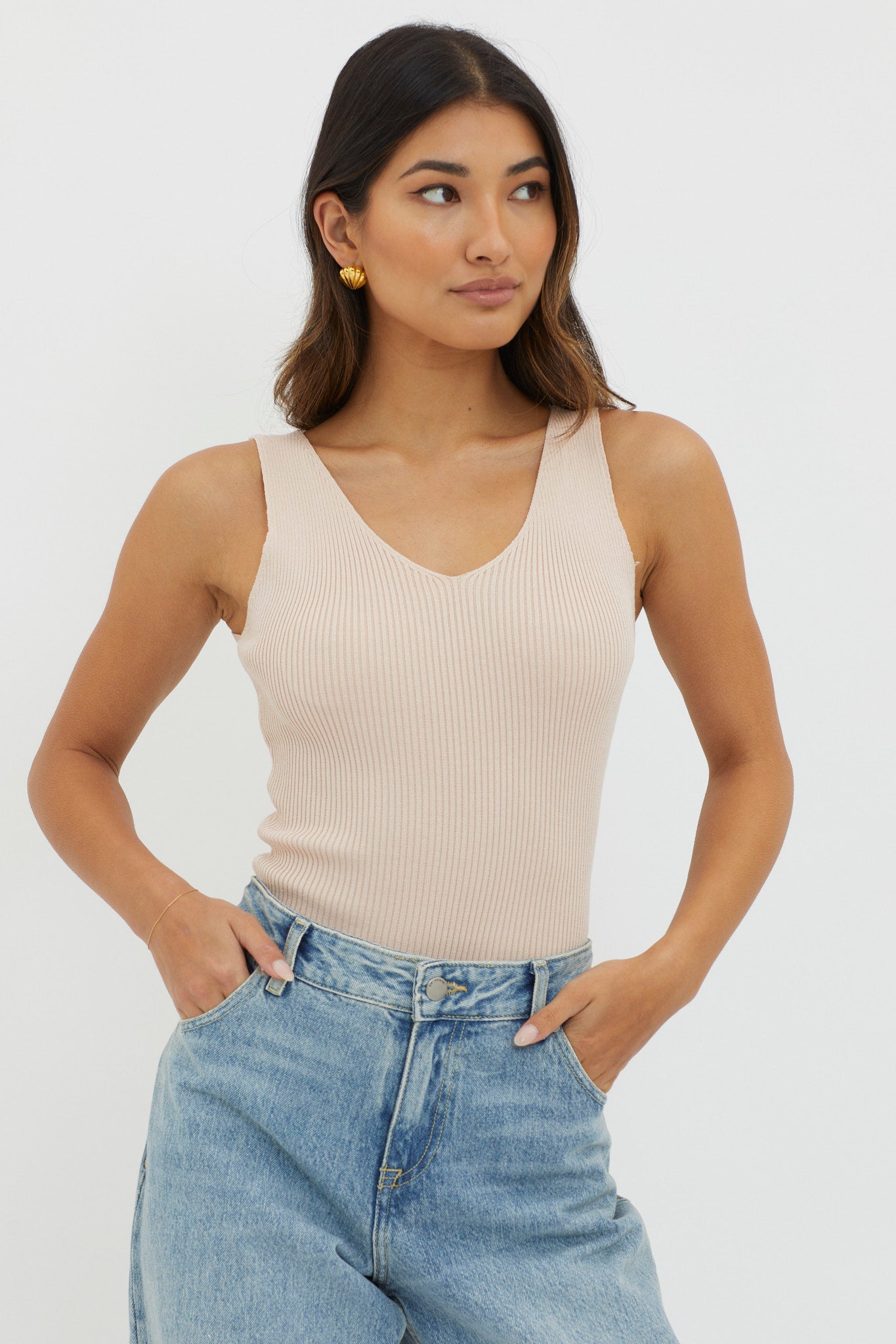 Off-Duty V-Neck Ribbed Knit Top Beige by Selfie Leslie